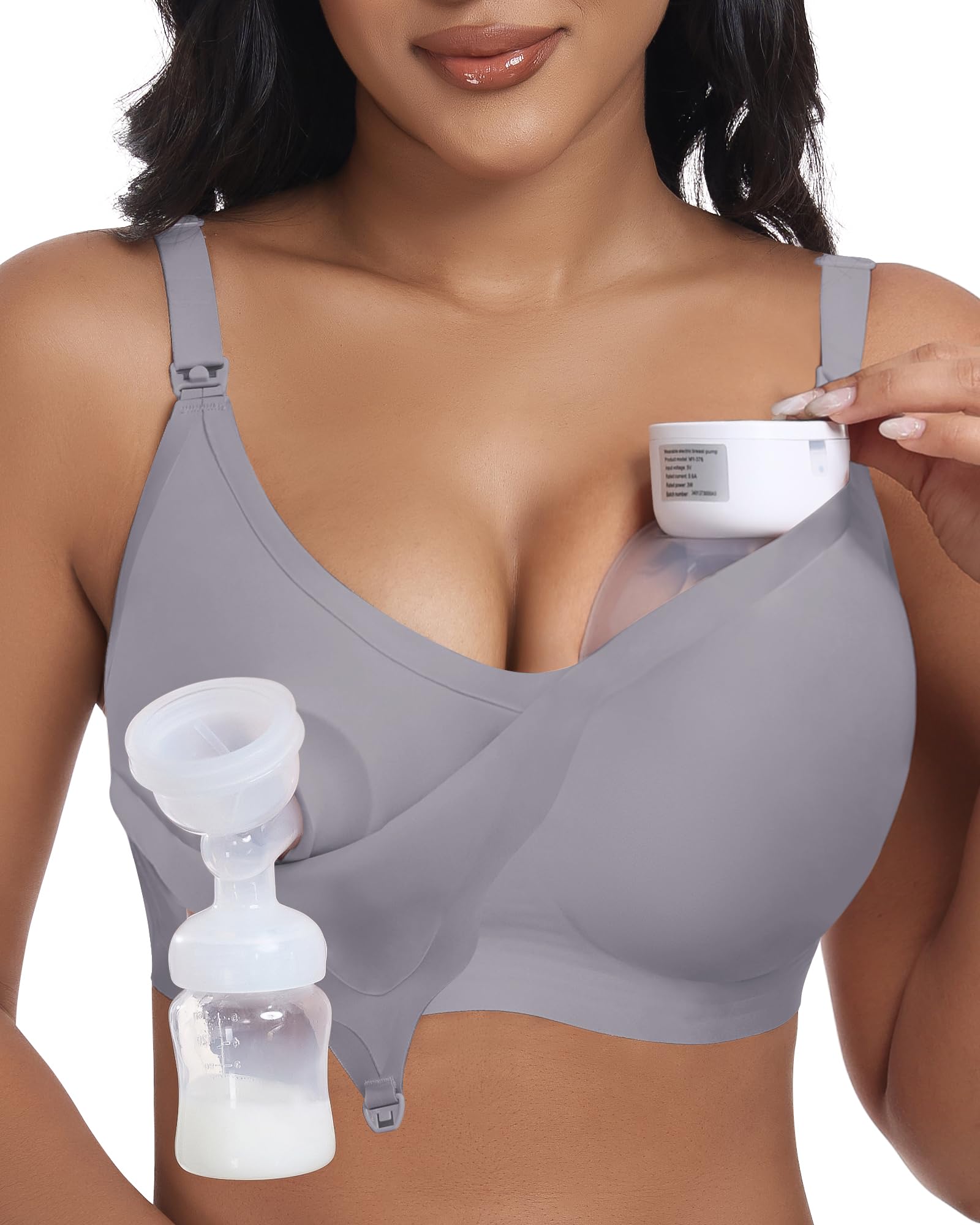 As Fairy Wireless Seamless Pumping Bra Hands Free Nursing Bra Wirefree Comfort Wearable Breast Pump Bra Regular Plus Size (Grayish Blue S Plus)