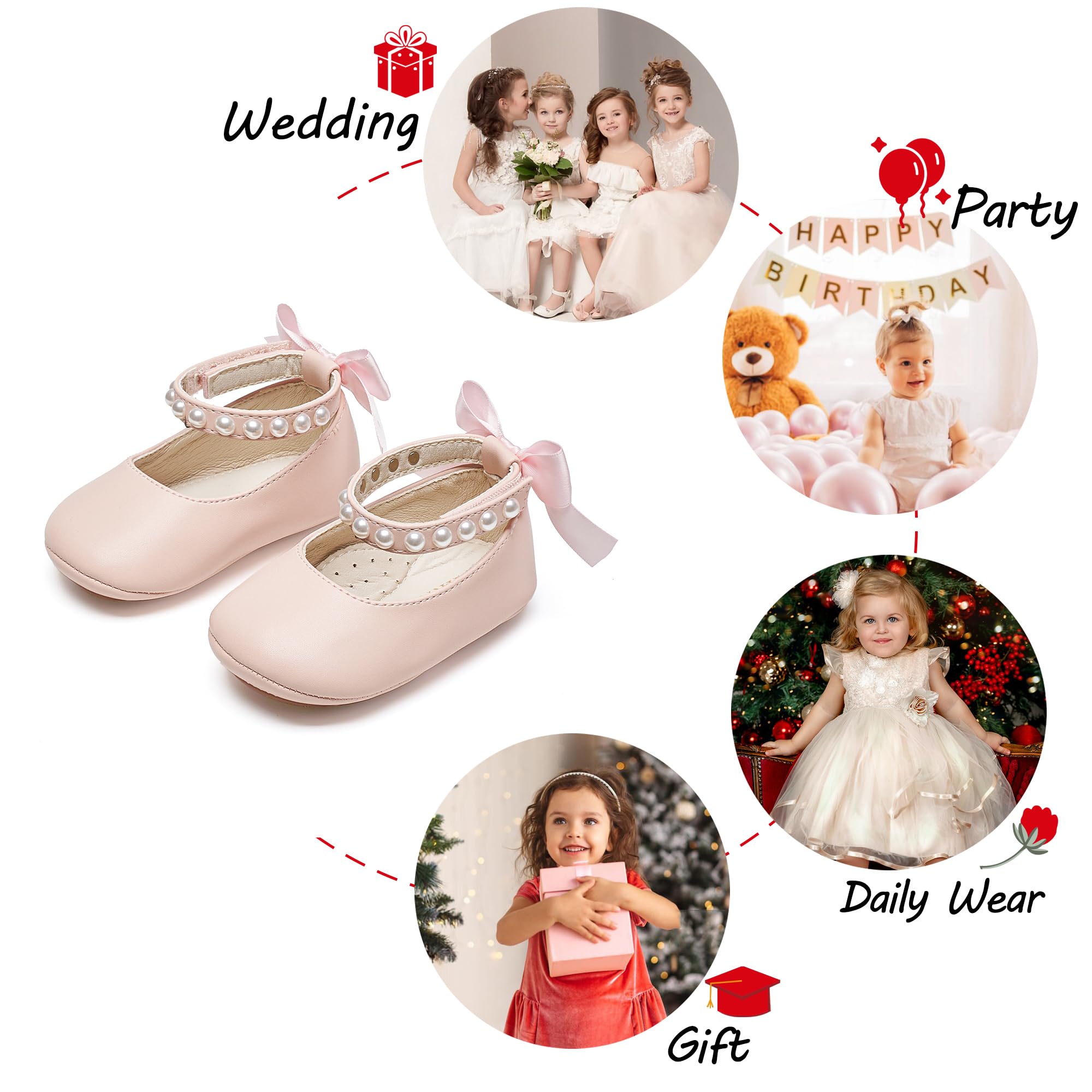 PHIRAMIN Baby Girls Pink Mary Jane Flats - Infant 9-12 Months Walking Shoes Soft Rubber Sole Princess Wedding