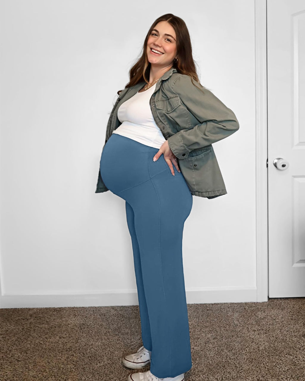 G4Free Maternity Pants Work Athletic Wide Leg,Blue Gray,XXL,Petite