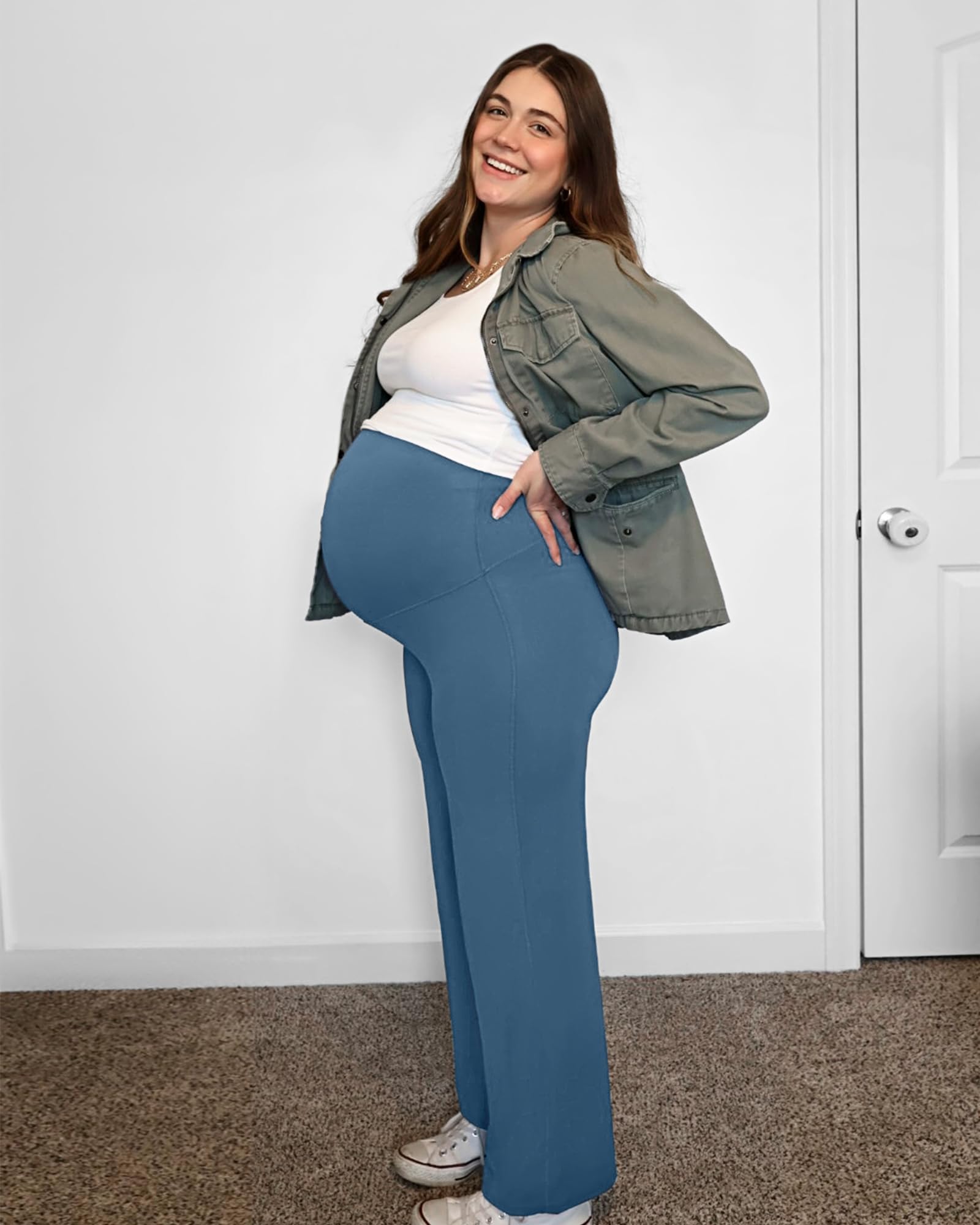 G4Free Maternity Pants Work Athletic Wide Leg,Blue Gray,XXL,Petite