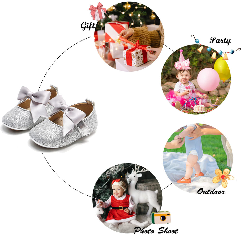 Soft Sole Leather Silver Baby Shoes - Infant Baby Walking Shoes Moccasinss Rubber Sole Crib Shoes(Silver,12-18 Months Infant)