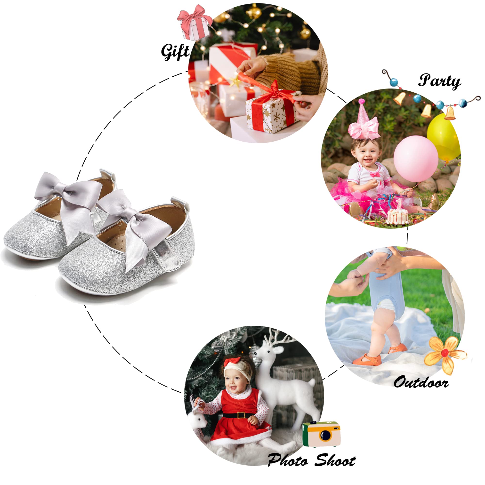Soft Sole Leather Silver Baby Shoes - Infant Baby Walking Shoes Moccasinss Rubber Sole Crib Shoes(Silver,12-18 Months Infant)
