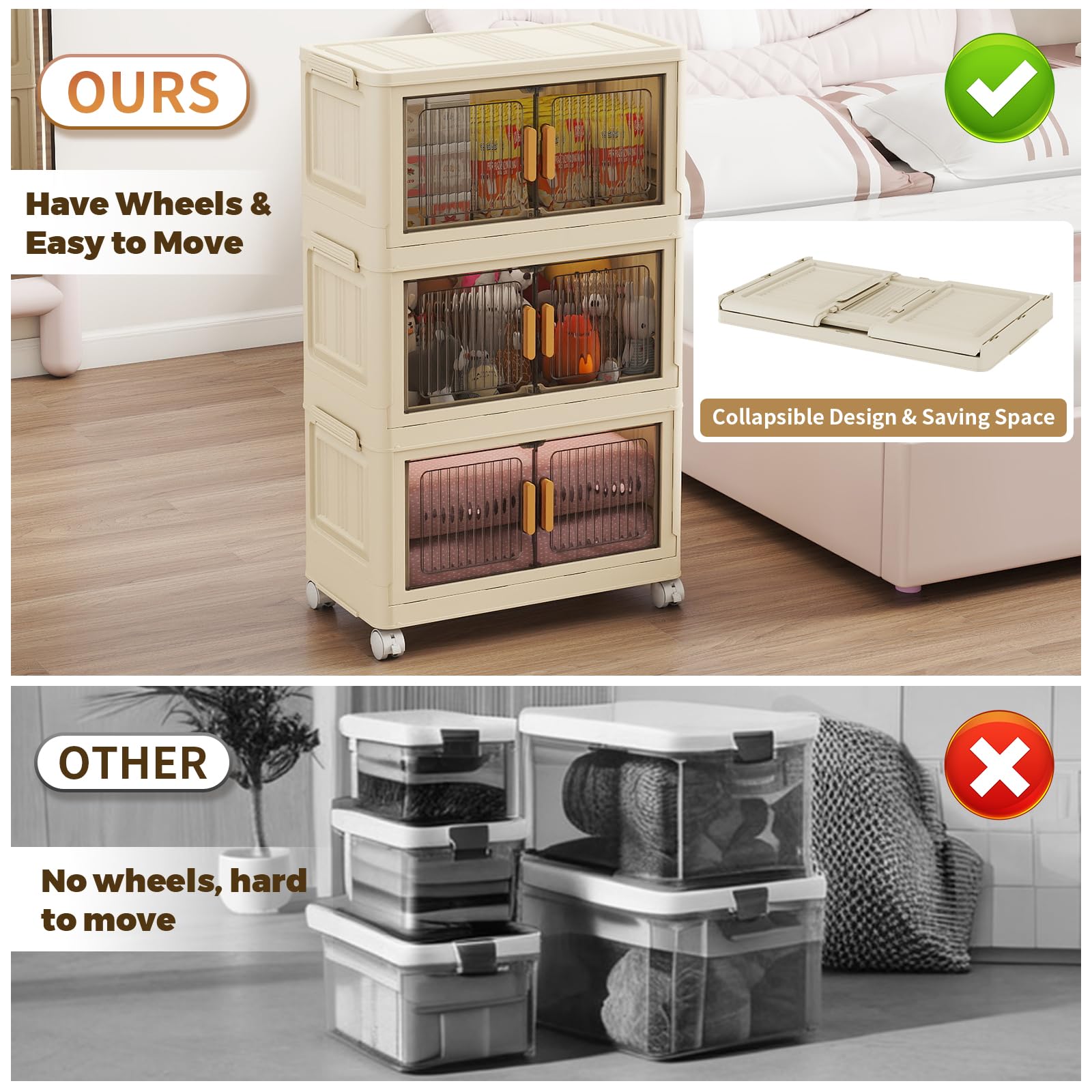 3 Tier Stackable Plastic Storage Bins with Lids 48QT, Collapsible Closet Organizers and Storage with Wheels for Living Room,Office,Dorm