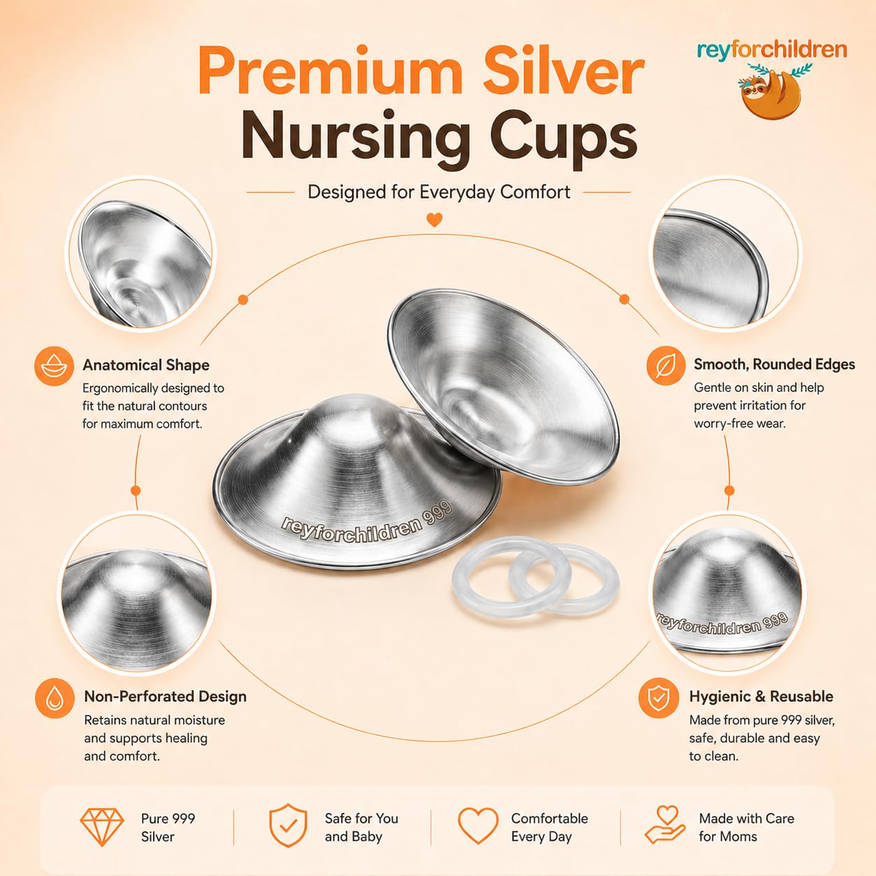 RFC Silver Nursing Cups - 999 Silver Nursing Pad - Nipple Shield Kit for Nursing Newborn - Breastfeeding Essentials - Nipple Cover Breastfeeding - with Silicone Ring & Cleaning Scotch & Case (XL)