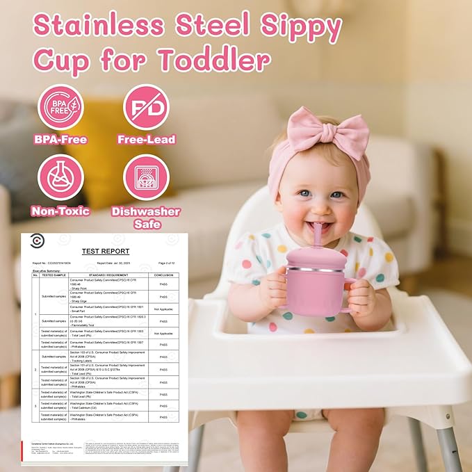 BUSOHA Stainless Steel Sippy Cups - 3 IN 1 Silicone Sippy Cup for Toddlers Baby Straw Cup with Brush Kids Cups with Lid and Silicon Straw Anti-Drop Spill Proof Cups for Travel,8 oz, Pink