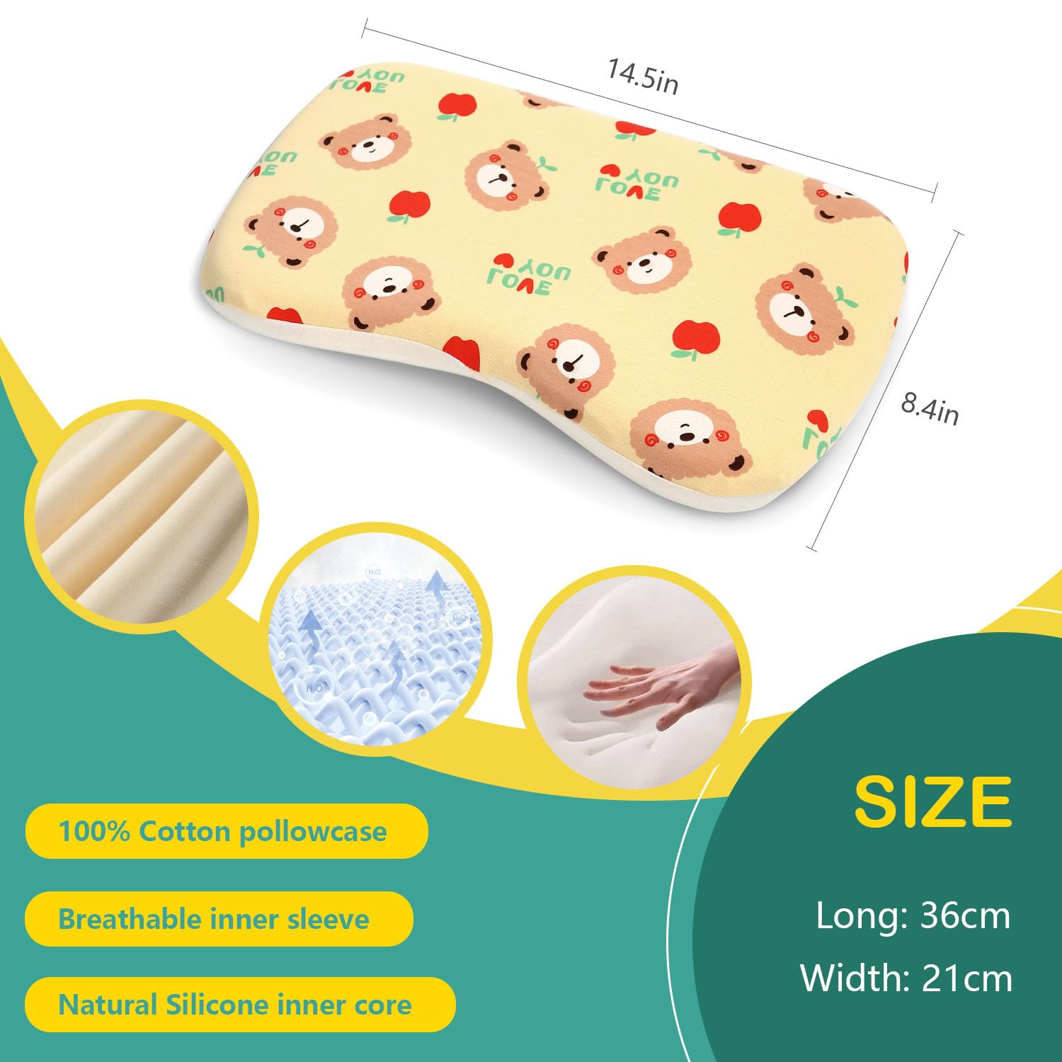 Caudeer Soft Toddler Pillow for Sleeping (14.5'' x 8.4'') with Removable Cover – Ideal for Travel & Nursery, Cuddly Bear Design – Perfect for Ages 1-2 Years