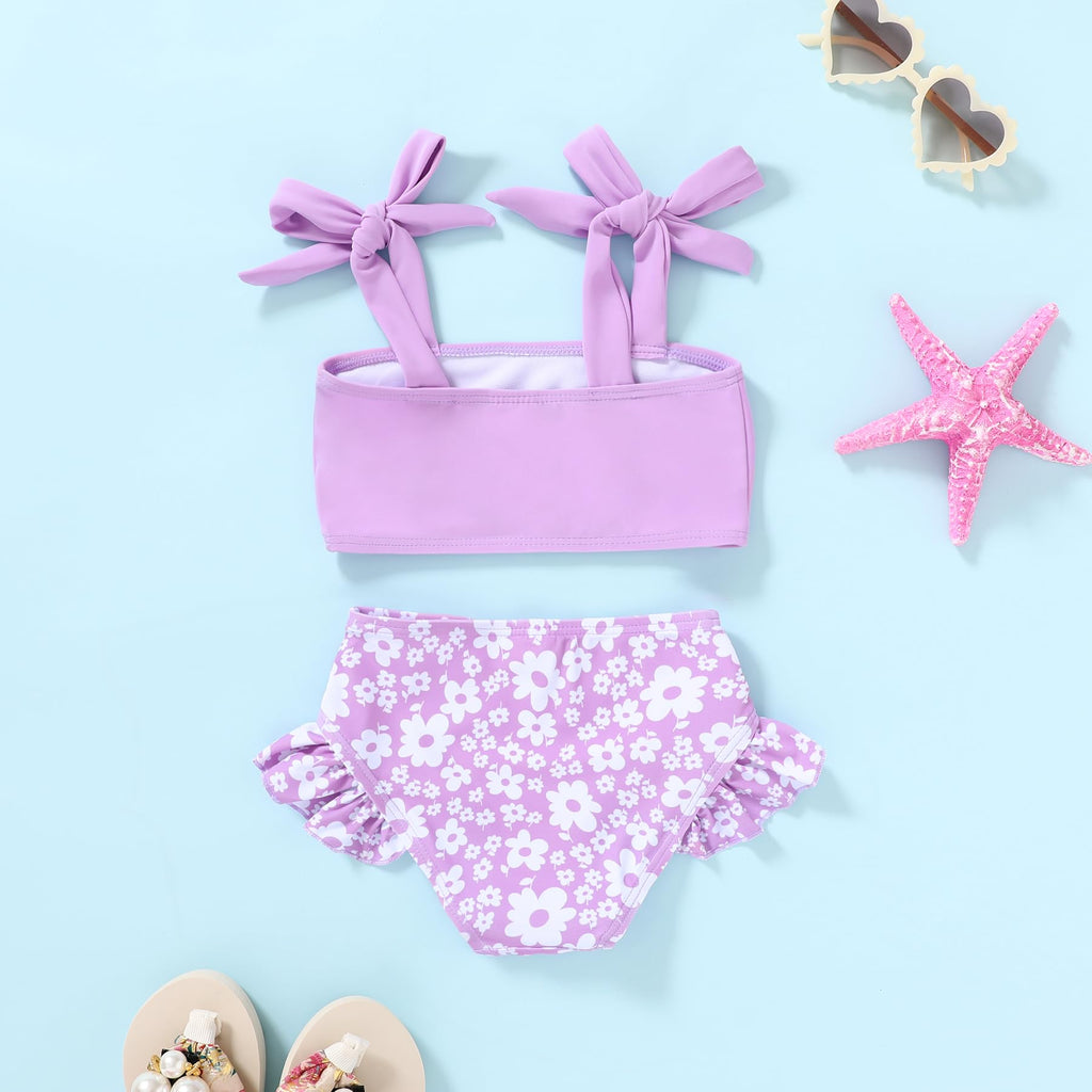YOUNGER TREE Toddler Girls Two Pieces Swimsuit Color Block Stripe Swimwear Summer Beach Bathing Suit 18M-5T（Purple#Flower 7-8T）