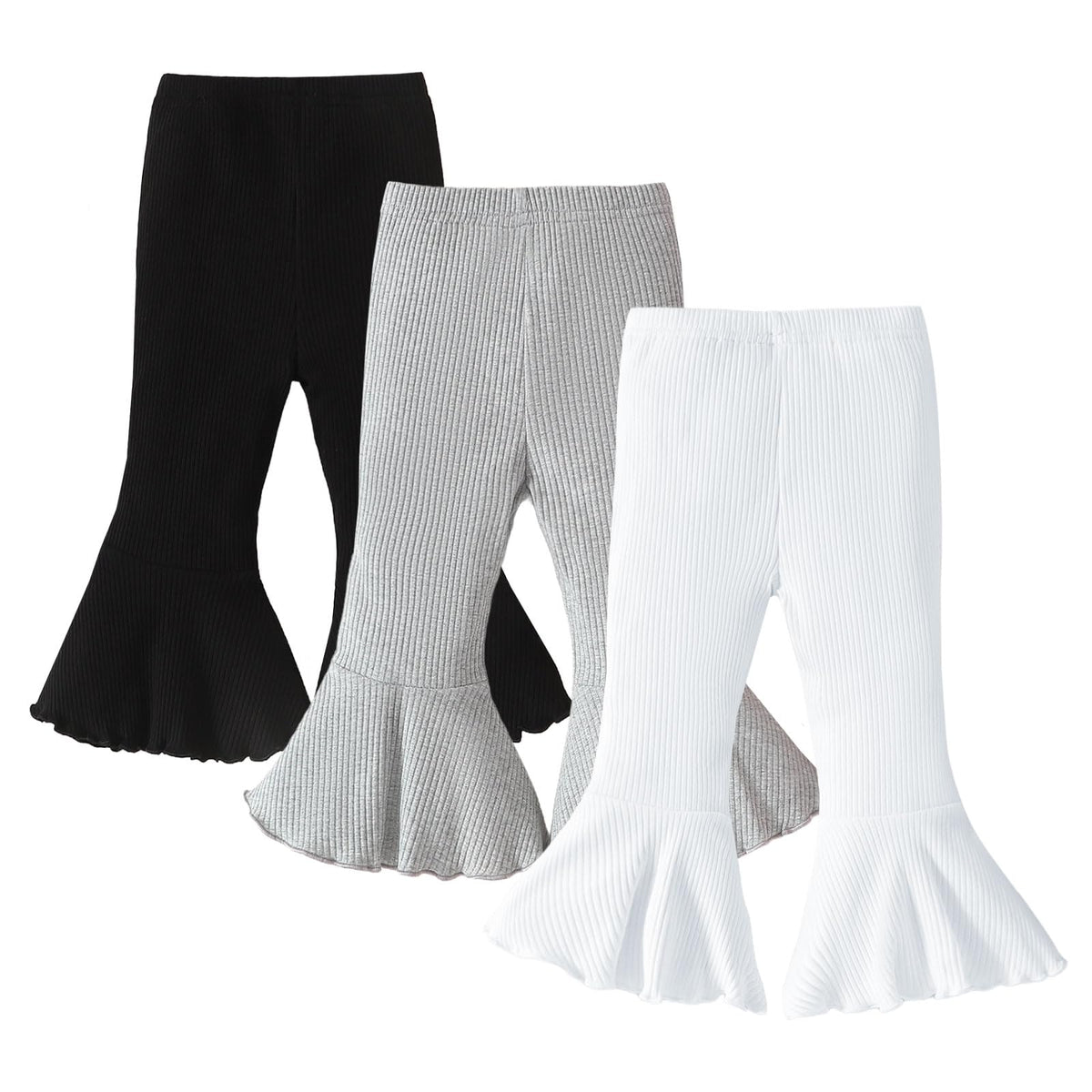 SOBOWO Toddler Baby Girl Flare Pants 3 Pack Solid Ribbed Ruffle Bell Bottoms Pants Fall Outfits(Purple/White/Pink, 18-24 Months)
