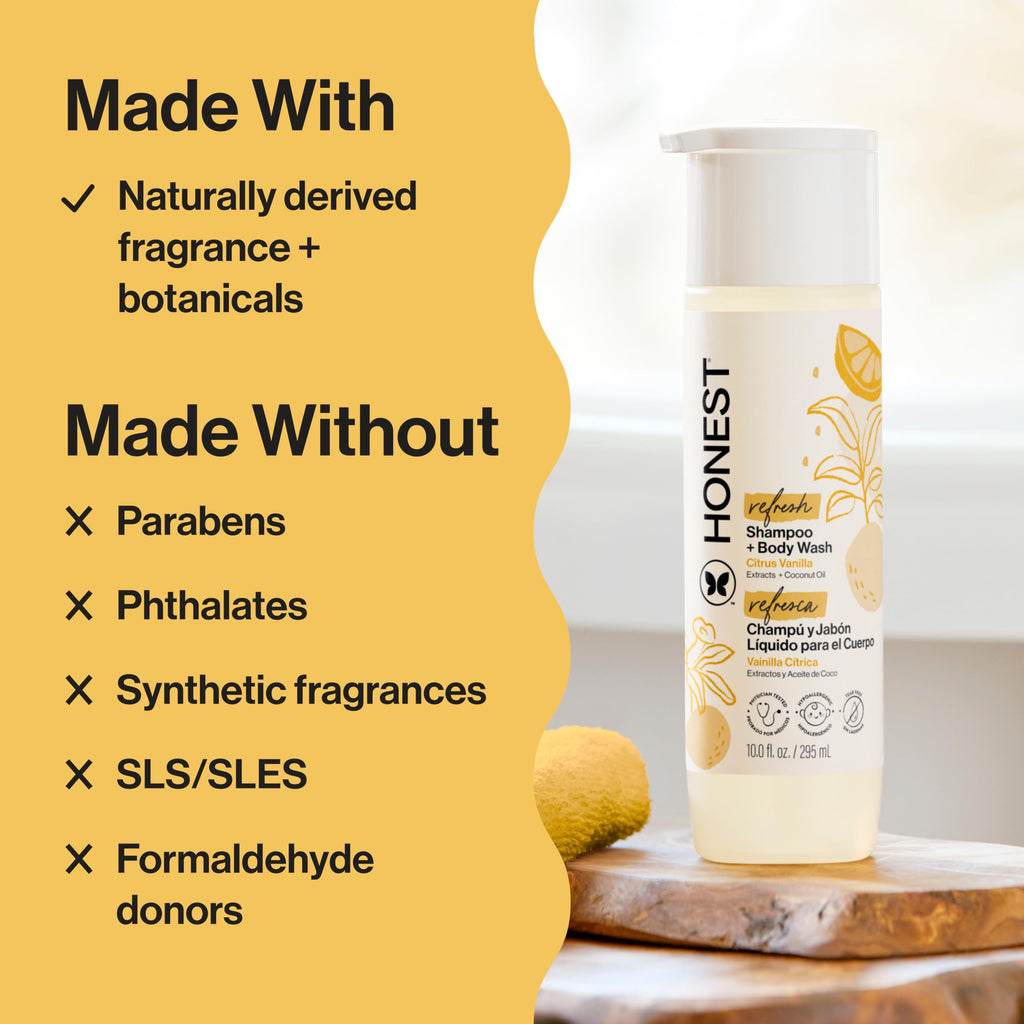 The Honest Company 2-in-1 Cleansing Shampoo Body Wash, Gentle for Baby, Naturally Derived, Tear-free, Hypoallergenic, Citrus Vanilla Refresh, 10 fl oz