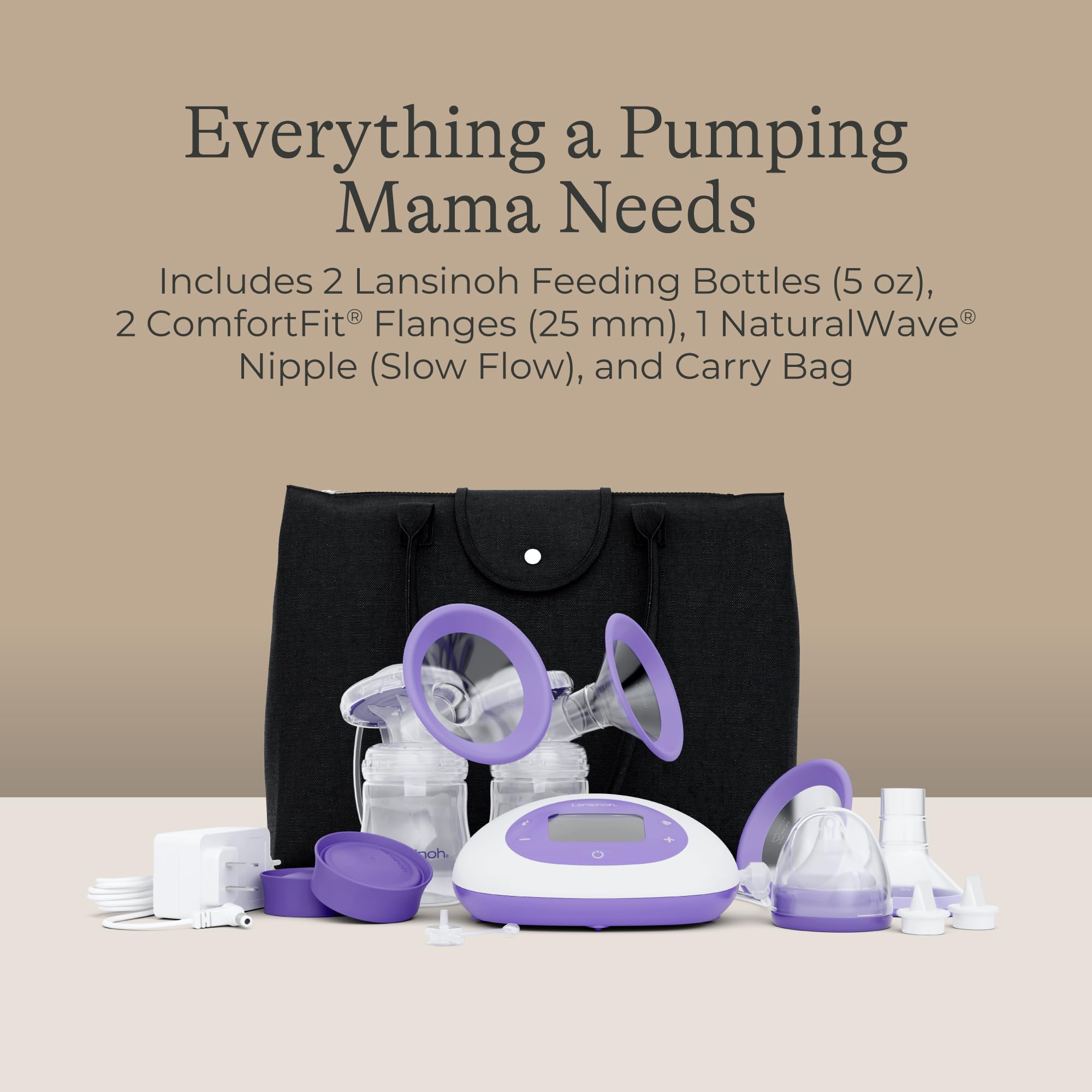 Lansinoh Signature Pro Portable Double Electric Breast Pump with LCD Screen | 3 Power Modes, 25mm Flanges, 2 Bottles, 1 Slow Flow Nipple, & Carry Bag