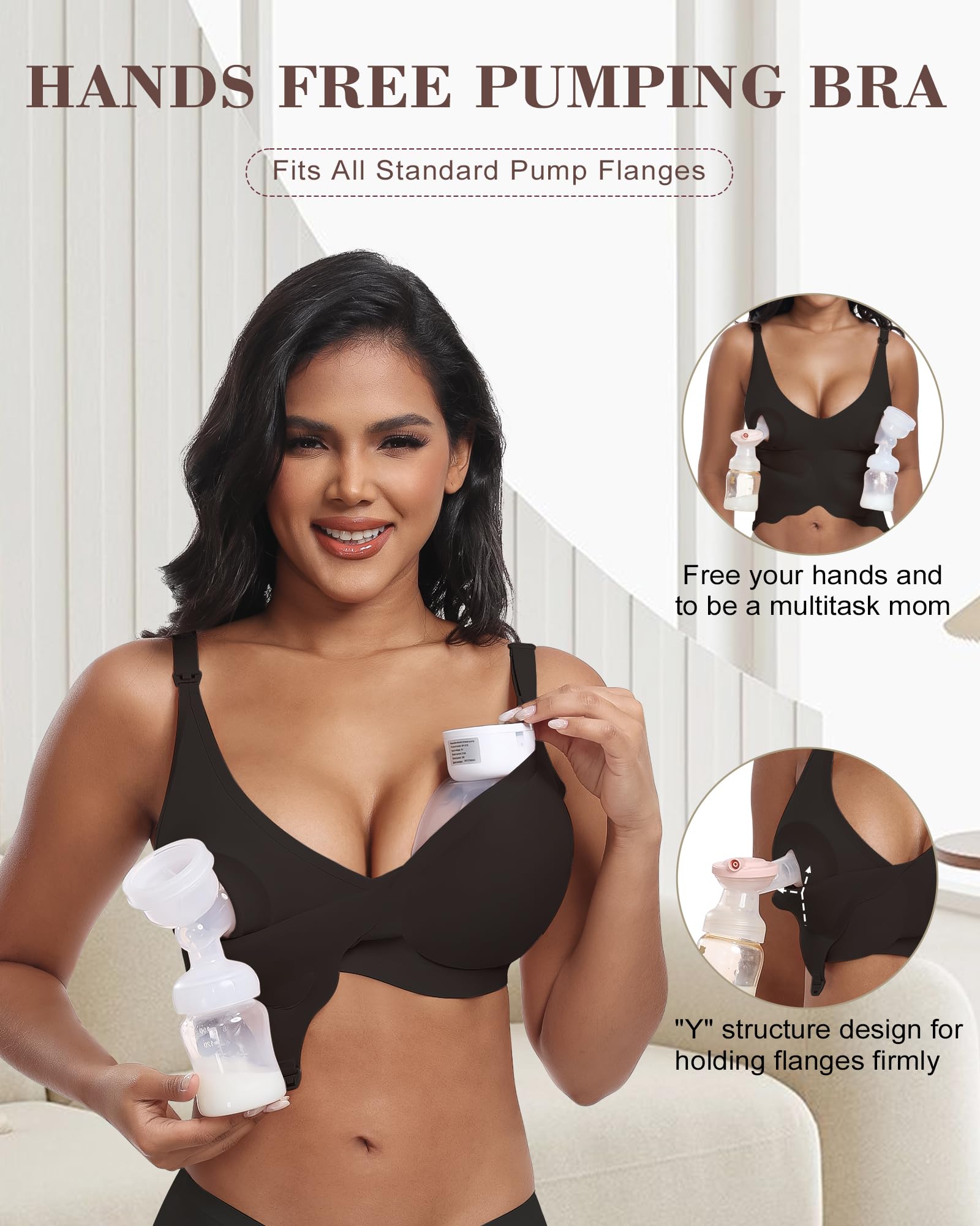 As Fairy Wireless Seamless Pumping Bra Hands Free Nursing Bra Wirefree Comfort Wearable Breast Pump Bras (Black S Plus)