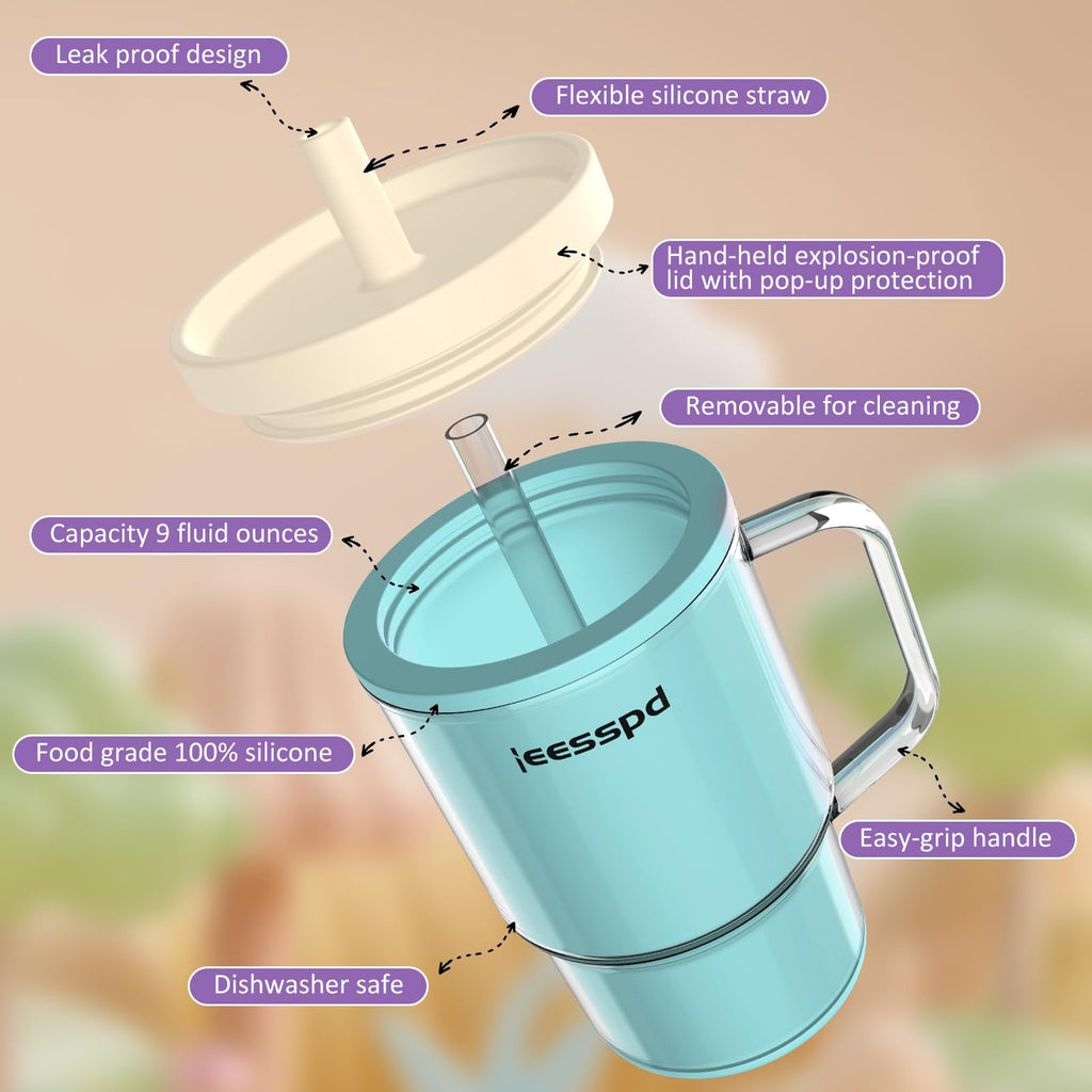 ieesspd Toddler Cups – 9 oz Adorable Miniature Tumbler with Leak-Resistant Straw and Toddler-Friendly Handle, Encourages Hydration, Easy to Clean, Sippy cups for Toddlers 1-3，BPA Free silicone (Teal)