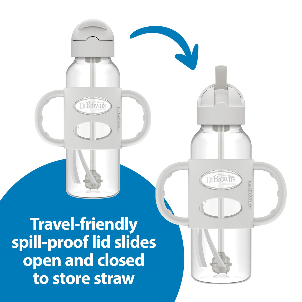Dr. Brown's Narrow Sippy Straw Bottle with Handles, Gray & Blue, 2-Pack