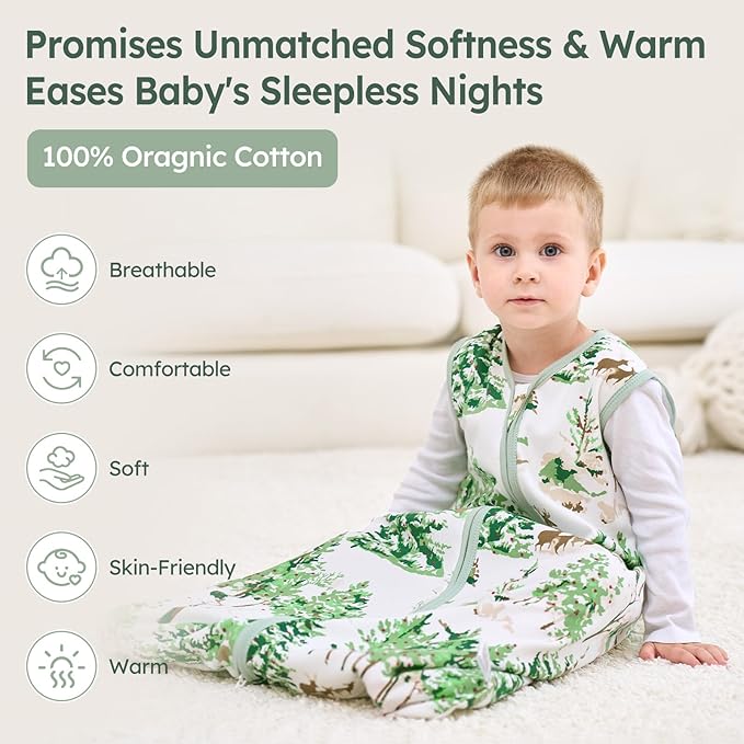 Baby Sleep Sack 12-18 Months 100% Cotton Lightweight 0.5 TOG Wearable Blanket Baby Sleep Bag with 2-Way Zipper for Infant Toddler Green Pine Tree
