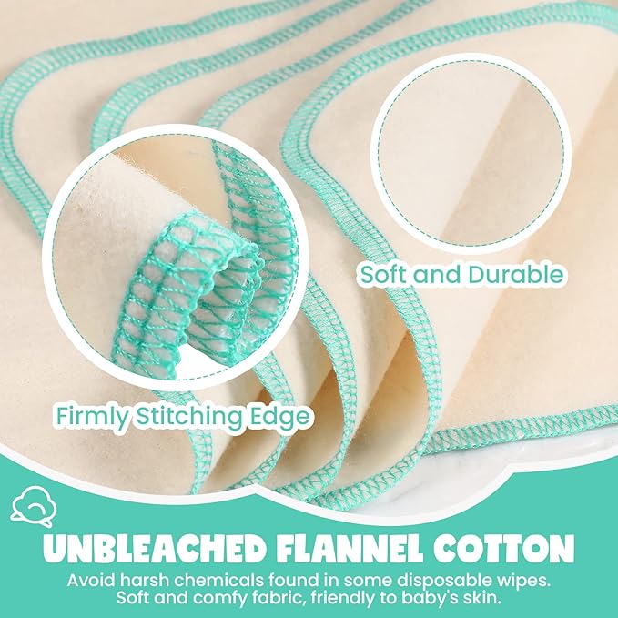 meekoo 45 Pcs Unbleached Flannel Cloth Baby Wipes Reusable Baby Diapers Wipes 8 x 8 Inch Soft and Sturdy Washable Natural Cloth Tissues Outer Stitching(Blue)