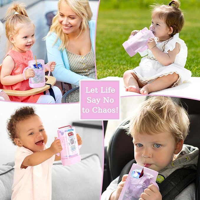 MOMUSE Dual-Lid Squeeze Pouch Holder for Food Pouches & Drink Boxes, Baby Pouch Holder with Larger Capacity, Versatile Design for Self-Feeding, Anti-Squeeze Pouch Holder No Spill No Mess, Pink & Blue
