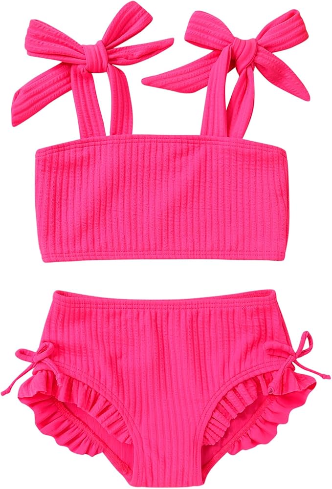 Toddler Swimsuit Girl Color Block Stripe Swimwear Baby Girl Summer Beach Bathing Suits Bikini Set with Ruffled Edges