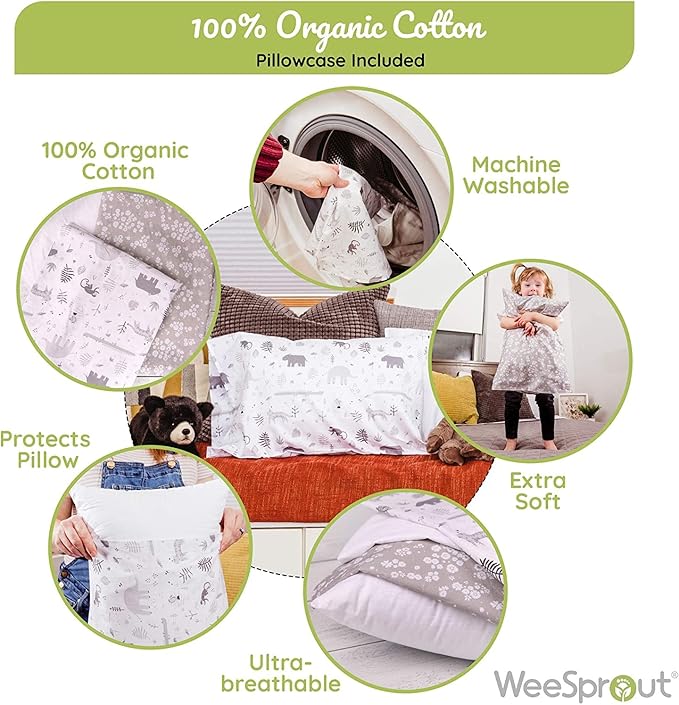 WeeSprout Toddler Polyester Organic Cotton Shell and Pillowcases, Small Kids Pillow, Soft and Supportive Polyfiber Filling, Machine Washable, 18 x 13 x 3 (White + Safari Print, 3 Piece Set)