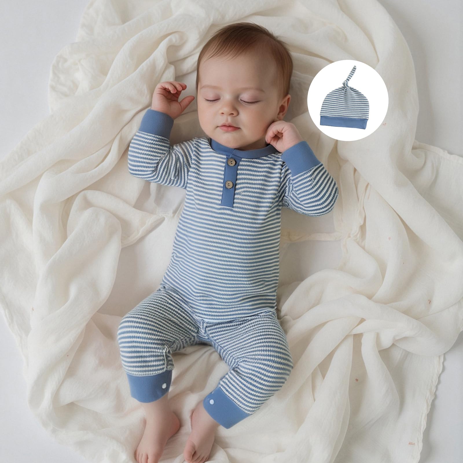 Kuriozud Newborn Infant Unisex Baby Boy Girl Clothes Button Romper Jumpsuit Basic One Piece Outfits Striped Long Sleeve with Hat Blue, 0-3 Months