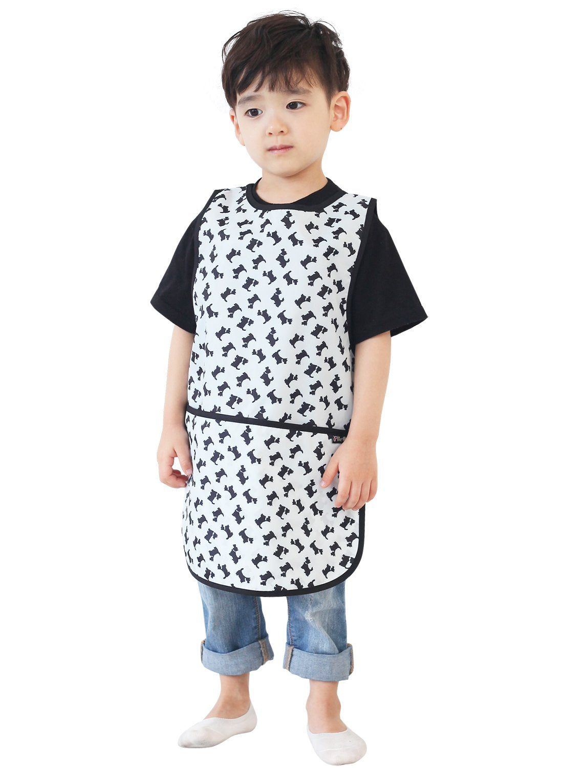 Plie Kids Painting Apron – Waterproof Art Smock for Toddlers & Preschoolers, Messy Play, Baking, Crafts, Cooking, Sensory Activities, Mealtime (Ages 1–10), Black Puppy (34-S)