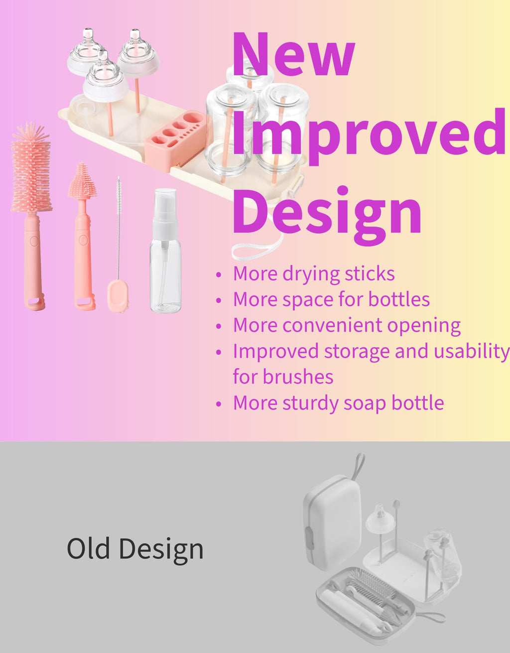 Travel Bottle Cleaner kit, 7in1 Baby Travel Gear Essential Silicone Travel Bottle Brush Set Nipple Drying Rack, Straw Breast Pump Cleaning Soap Dispenser Organizer Case Mon Gift (Pink)