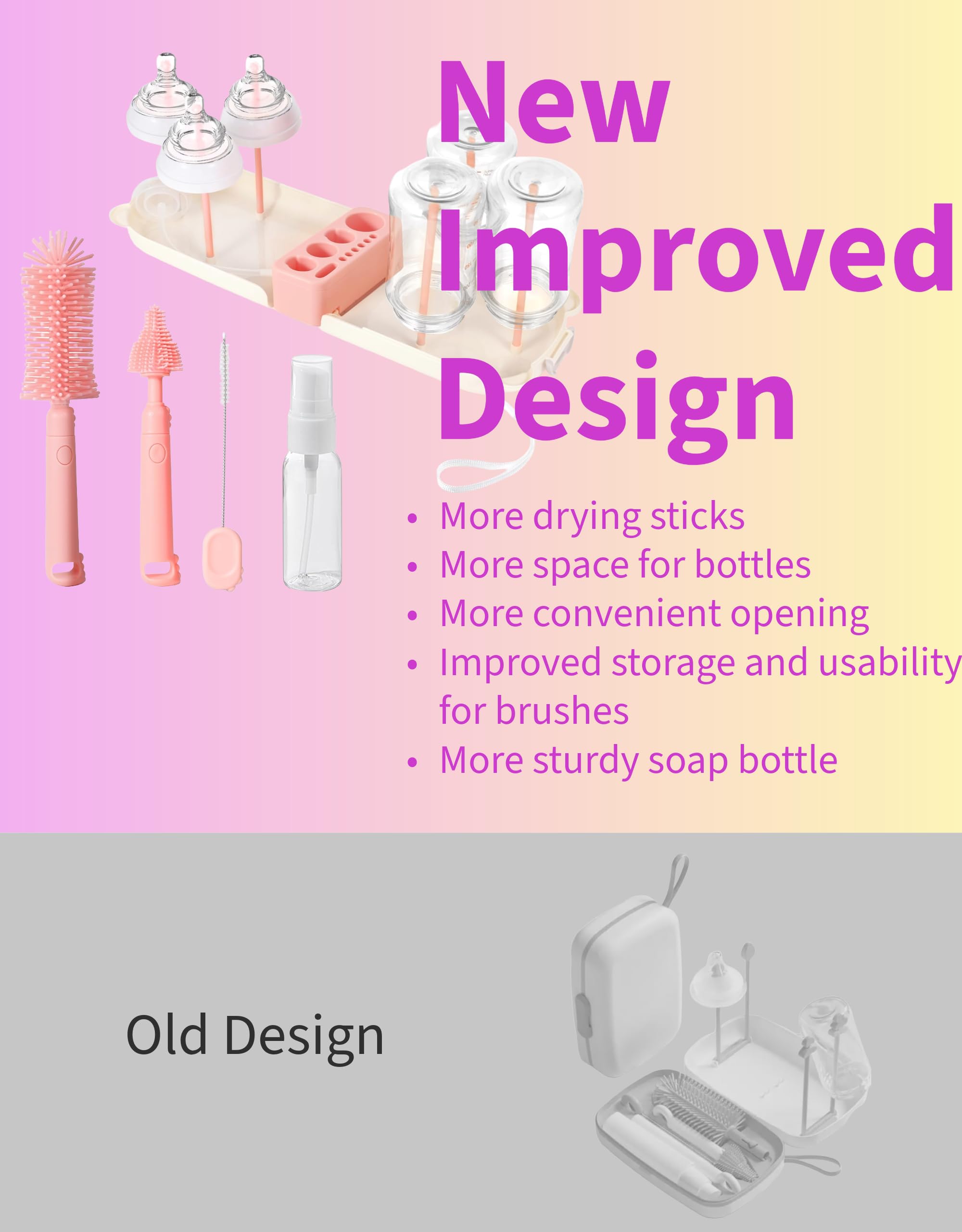 Travel Bottle Cleaner kit, 7in1 Baby Travel Gear Essential Silicone Travel Bottle Brush Set Nipple Drying Rack, Straw Breast Pump Cleaning Soap Dispenser Organizer Case Mon Gift (Pink)