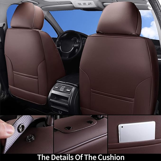 Coverado Front and Back Seat Covers 5 Pieces, Waterproof Nappa Leather Auto Seat Protectors Full Set with Head Pillow, Universal Car Accessories Fit for Most Sedans SUV Pick-up Truck, Brown