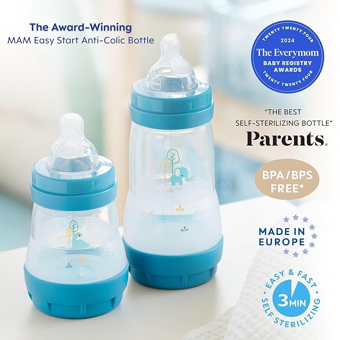 MAM 9oz Easy Start Anti-Colic Baby Bottles, Medium Flow, Breastfeeding-Like Silicone Nipple, Reduces Colic, Gas, & Reflux, Easy-to-Clean, BPA-Free, Baby Bottles for Newborns, 2+ Months