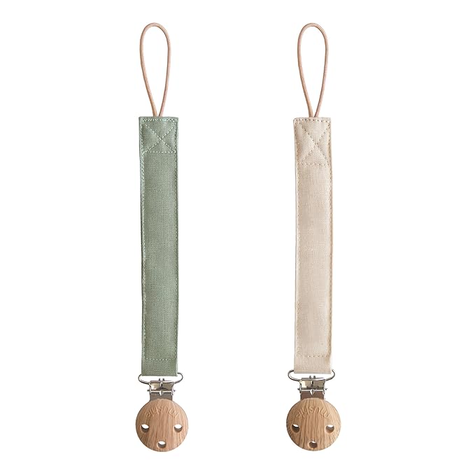 mushie Linen Baby Pacifier Clip Holder | Soft Fabric Strap, 2-Pack (Olive/Shifting Sand)