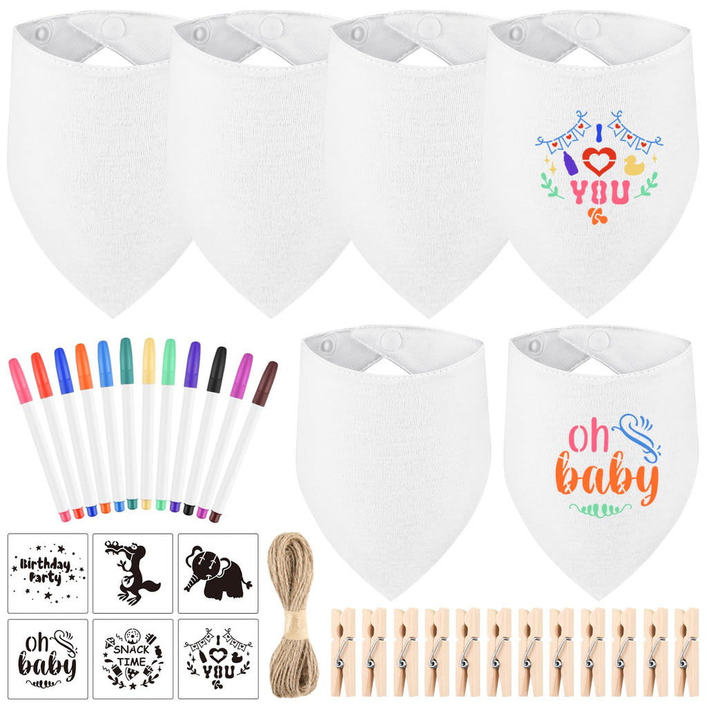 NACHLYNN 37 Pcs White Baby Bibs Baby Shower Games Set Including 6 Blank Baby Bibs 6 Stencils 12 Clothespins 12 Fabric Markers 1 Hemp Rope for Boys Girls Gender Reveal Party
