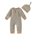 Kuriozud Newborn Infant Unisex Baby Boy Girl Clothes Button Romper Jumpsuit Basic One Piece Outfits Striped Striped Long Sleeve with Hat Khaki, 0-3 Months