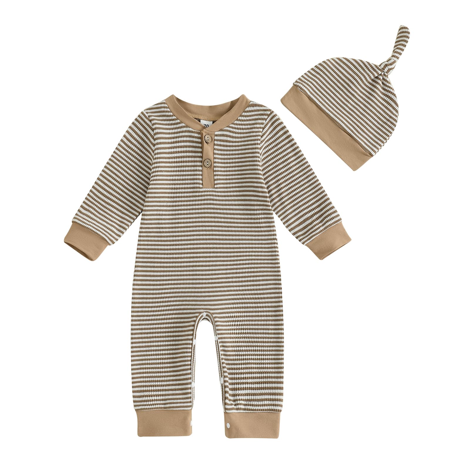 Kuriozud Newborn Infant Unisex Baby Boy Girl Clothes Button Romper Jumpsuit Basic One Piece Outfits Striped Striped Long Sleeve with Hat Khaki, 0-3 Months
