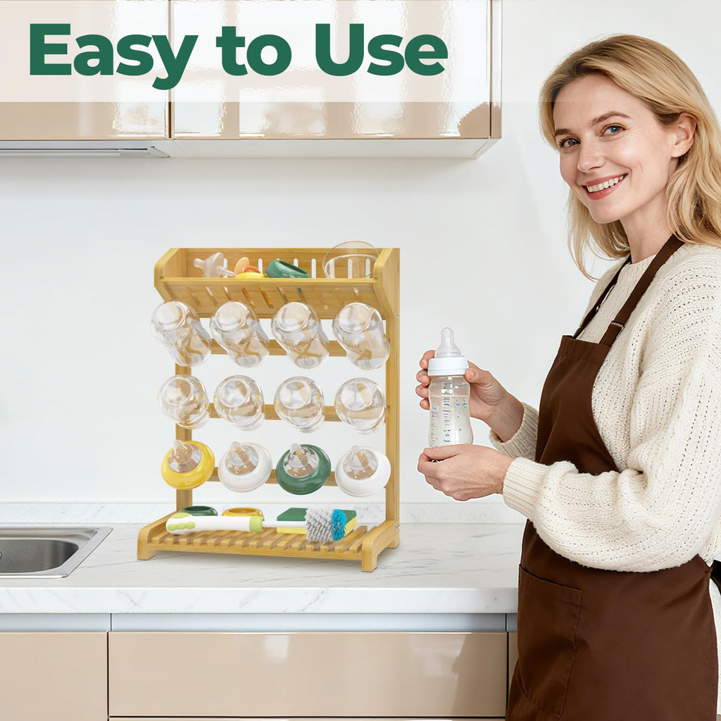 EsLuker.ly Baby Bottle Drying Rack Bamboo Vertical Dryer Holder