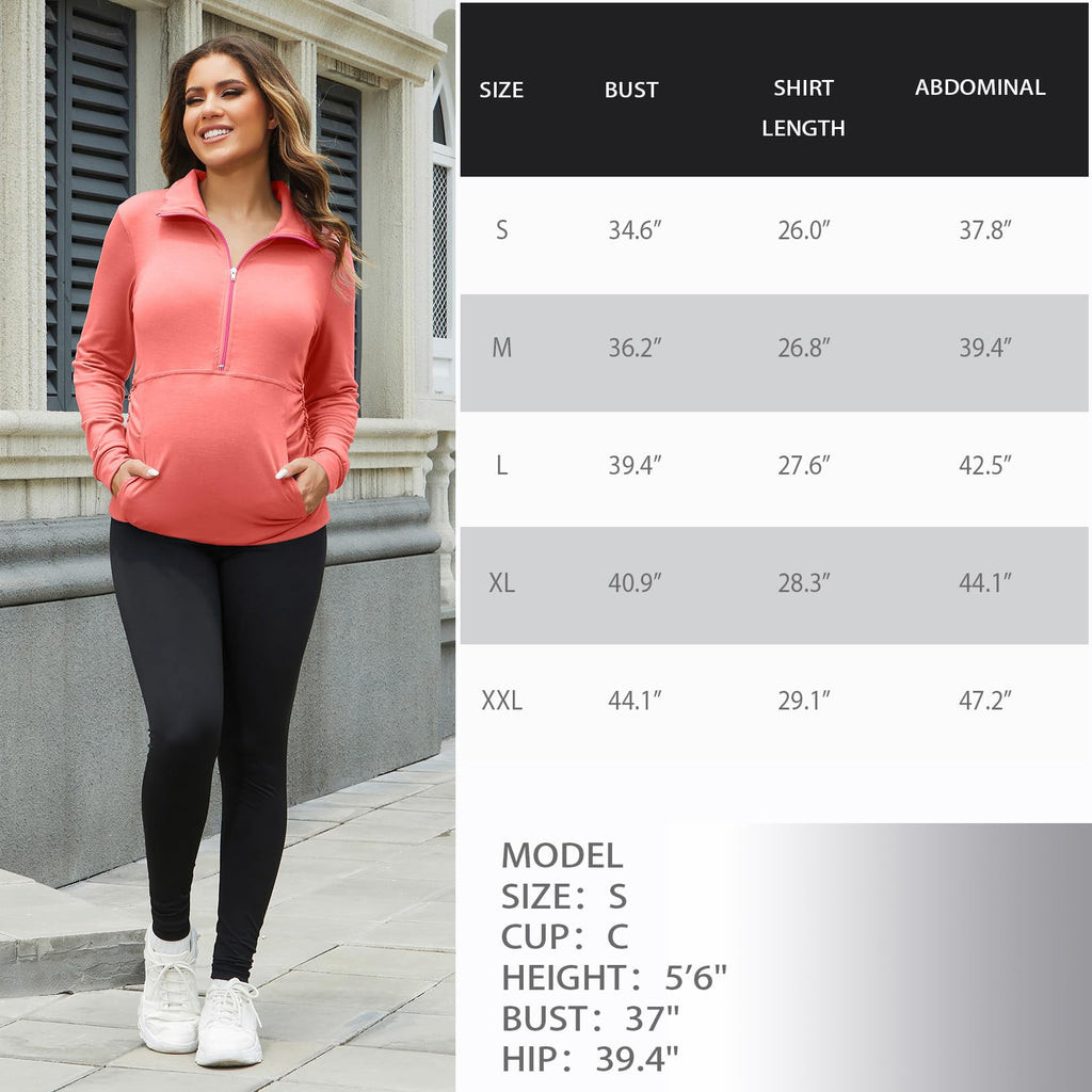 GINKANA Maternity Pullover Tops Maternity Zipper Shirts Lapel Long Sleeve Casual Lightweight Pregnancy Tops with Pockets,Coral Red,L