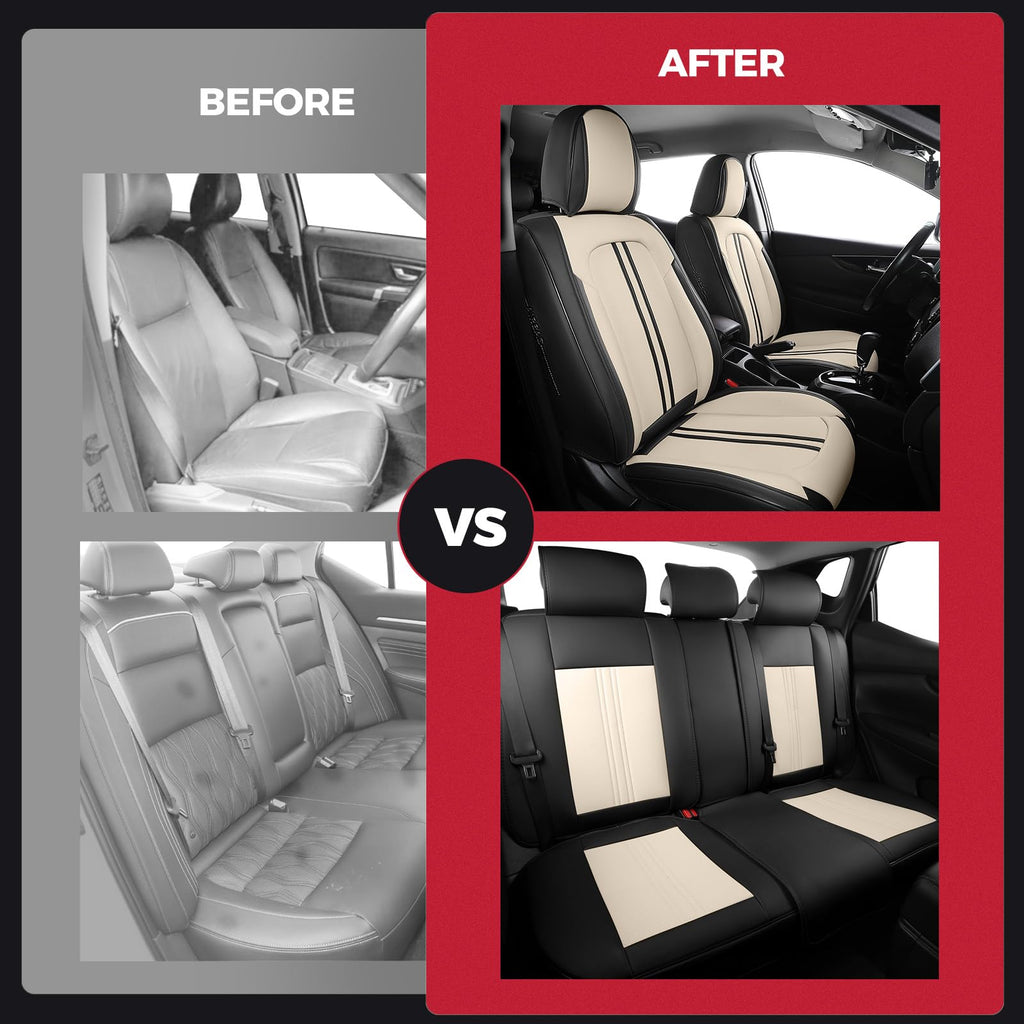 FREESOO Leather Seat Covers Full Set for Cars Trucks SUV, Beige Black
