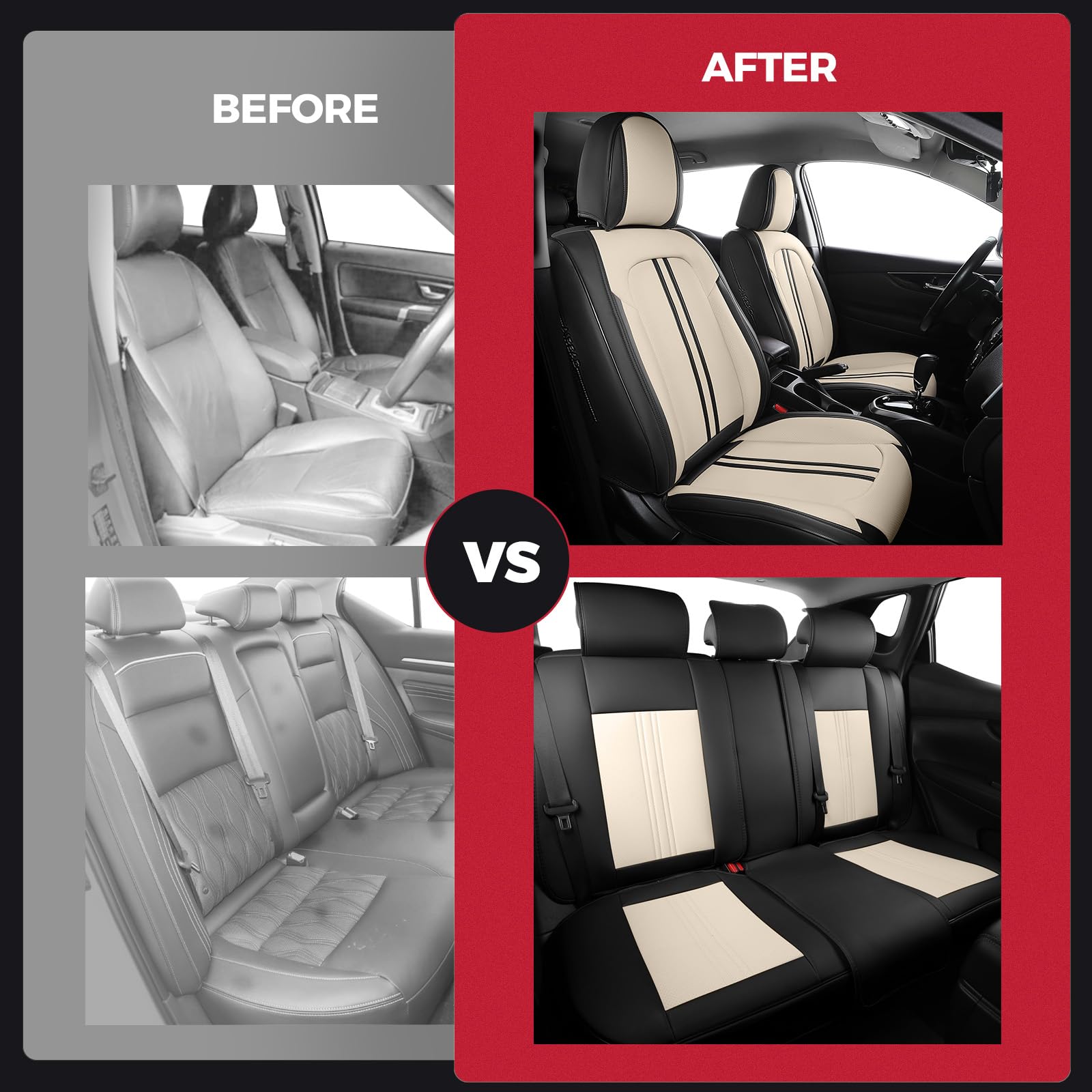 FREESOO Leather Seat Covers Full Set for Cars Trucks SUV, Beige Black