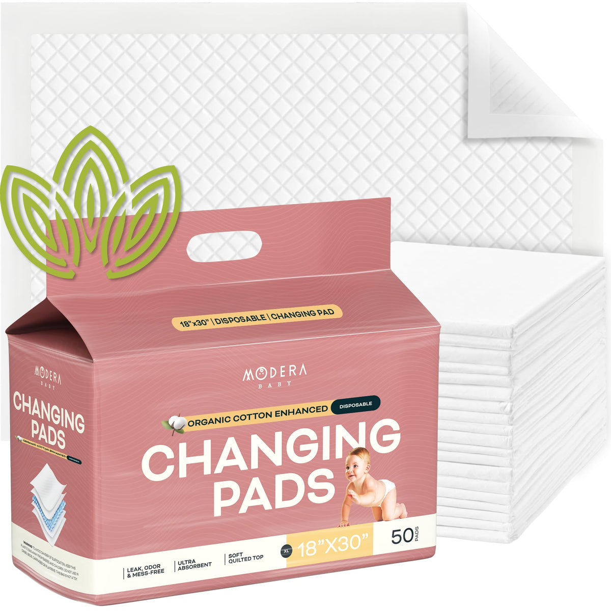Organic Cotton Enhanced Disposable Changing Pad Liners | XL-Large 18x30 Hypoallergenic Super Soft Ultra Absorbent Waterproof Quilted Underpads for Baby Diaper Table/Travel, Leak Proof Mess Free-50PK