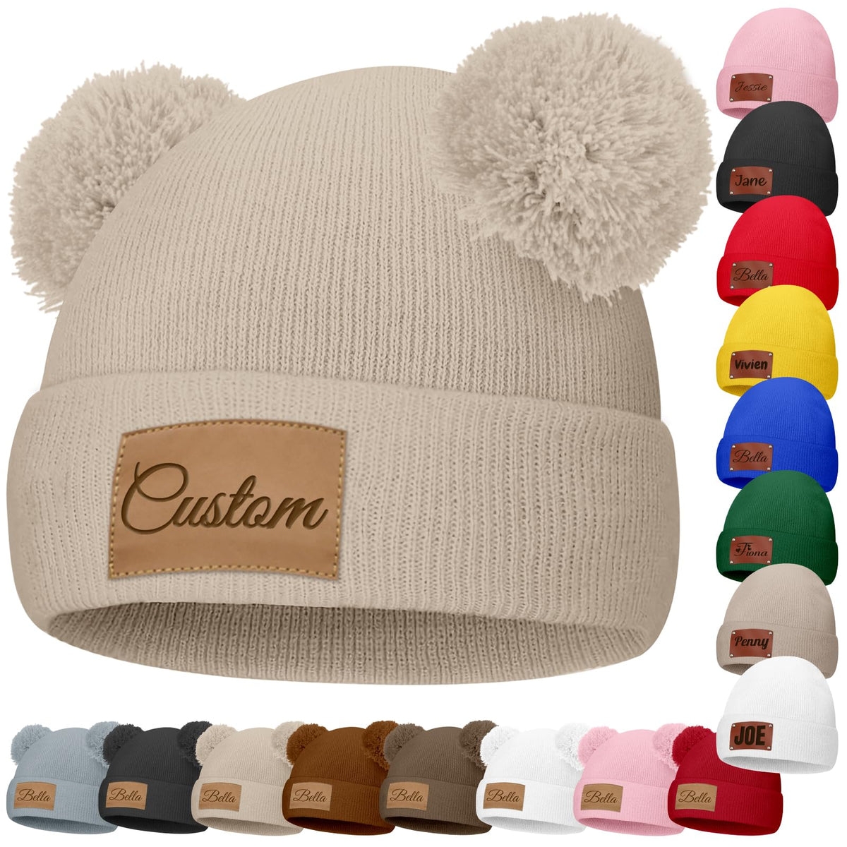 Custom Baby Beanies Personalized Toddler Winter Hats Name Leather Patch Kids Knit Warm Hat for Infant Boys Girls Adult Grey