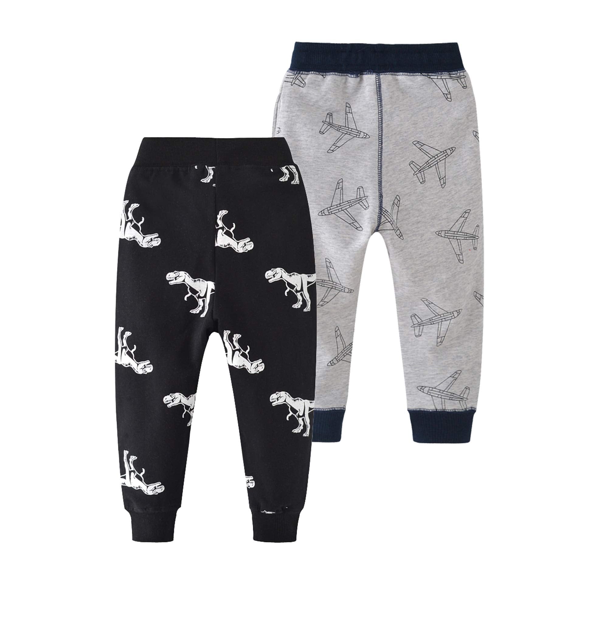 HUAER& Baby Boy's Jogger Pants Dinosaur Car Animal Print Drawstring Elastic Waist Sweatpants Cotton Toddler Athletic Pants 2-PCS(Airplane + Dinosaur,5-6Years)
