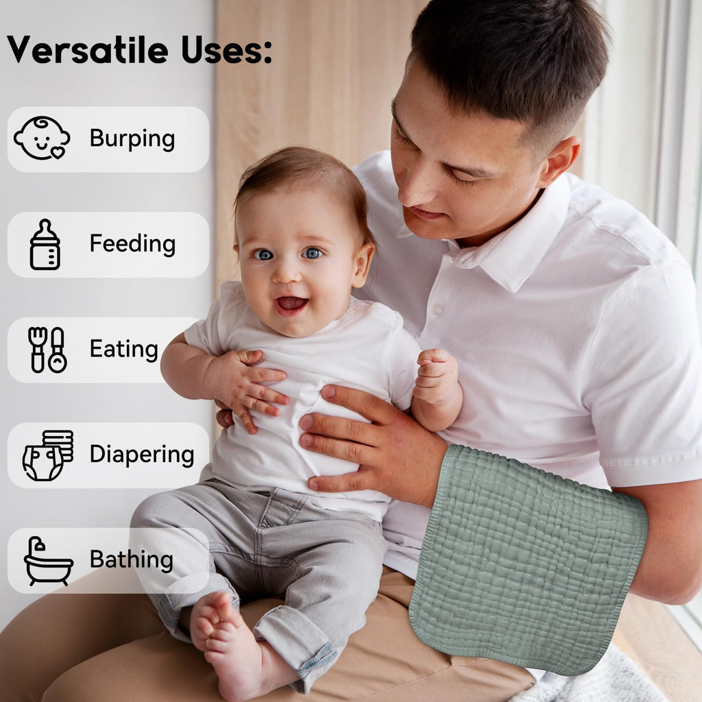 Unnivoll Muslin Burp Cloths for Baby 100% Cotton Burping Cloths for Boys Girls Large 20''X10'' Extra Soft and Absorbent 12 Pack - White and Green