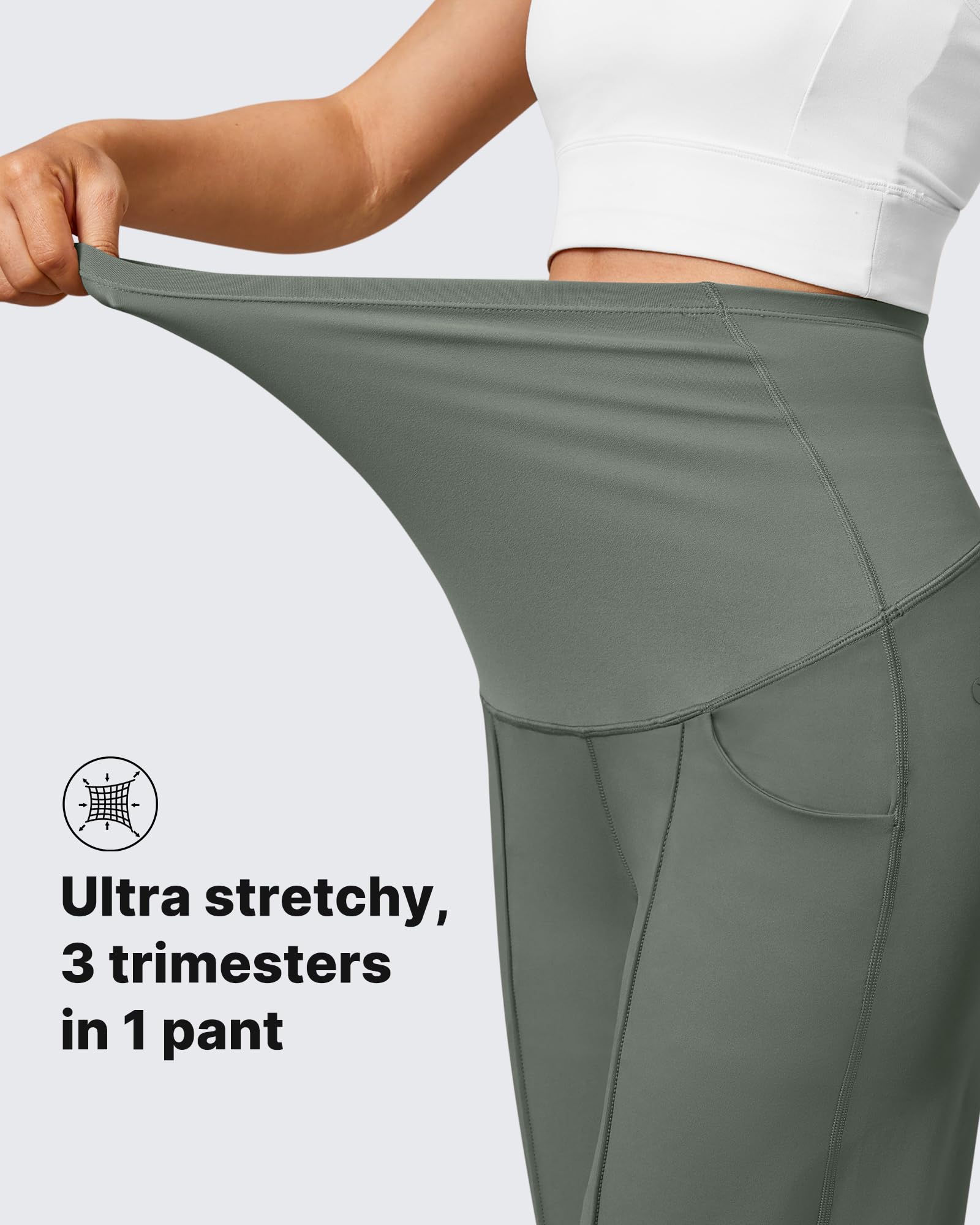 G4Free Maternity Pants Over the Belly with Pockets,Gray Sage,XS,Tall