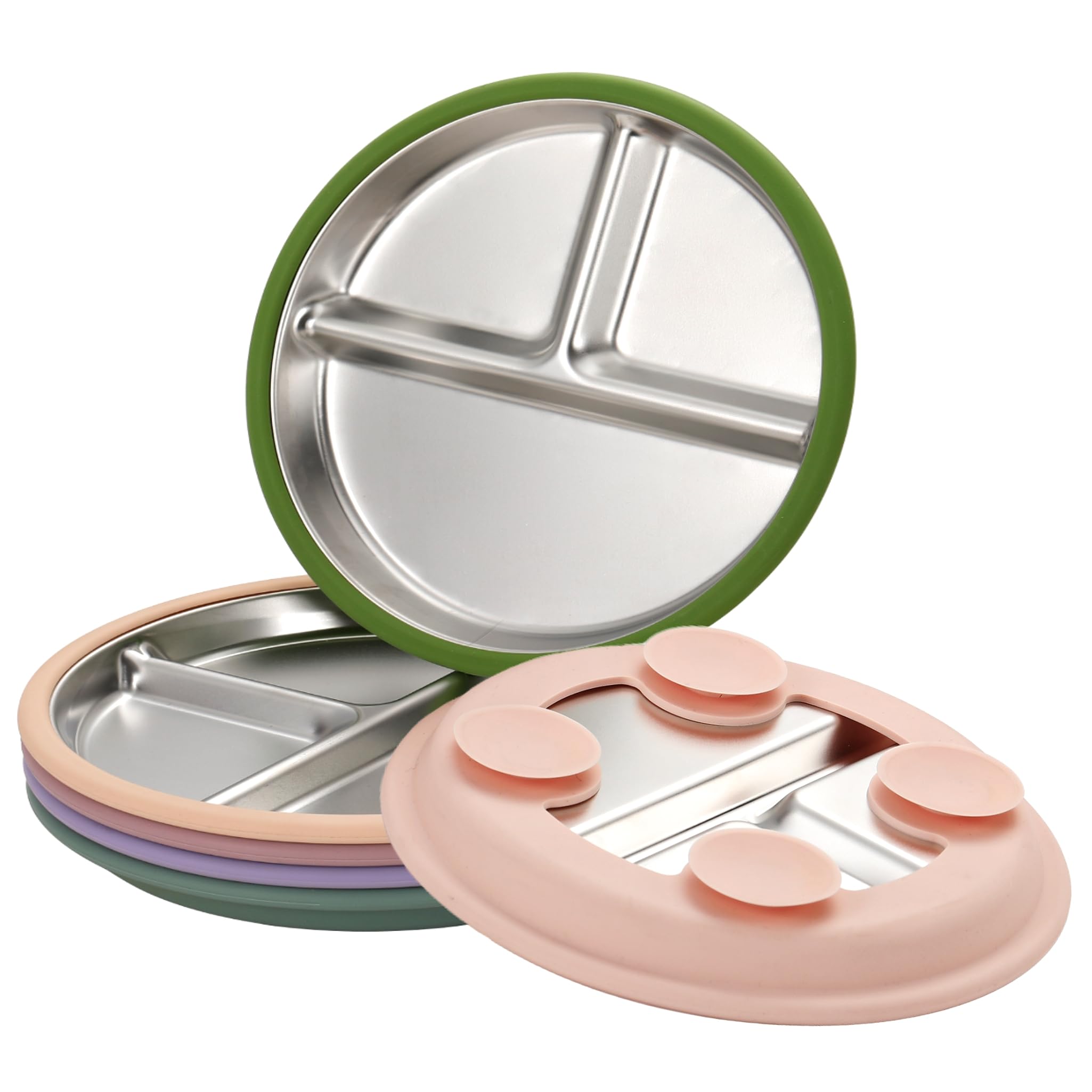 SPMKTQK 3 Pack Stainless Steel Kids Plates, Suction Divided, Baby Feeding