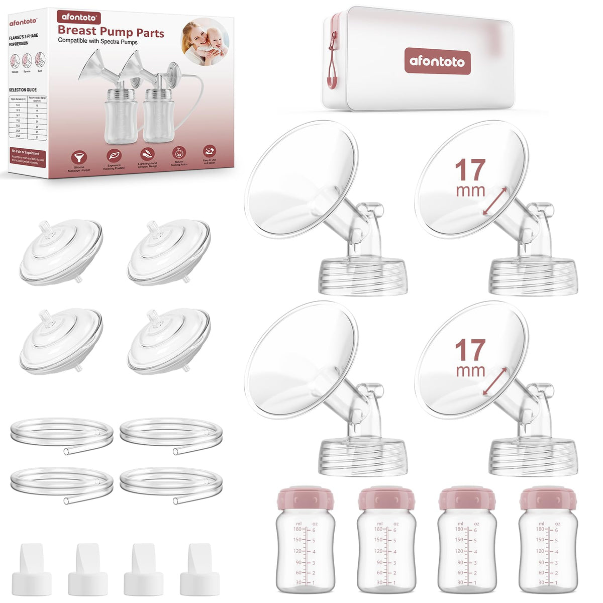 Pump Parts Compatible with Spectra S1/S2/9Plus/SG Breastpump, Full Set Replacement Parts for Spectra Include 21mm Flange,Duckbill Valve,Backflow Protector,Tube,Bottle, Not Original S1/S2 Accessories