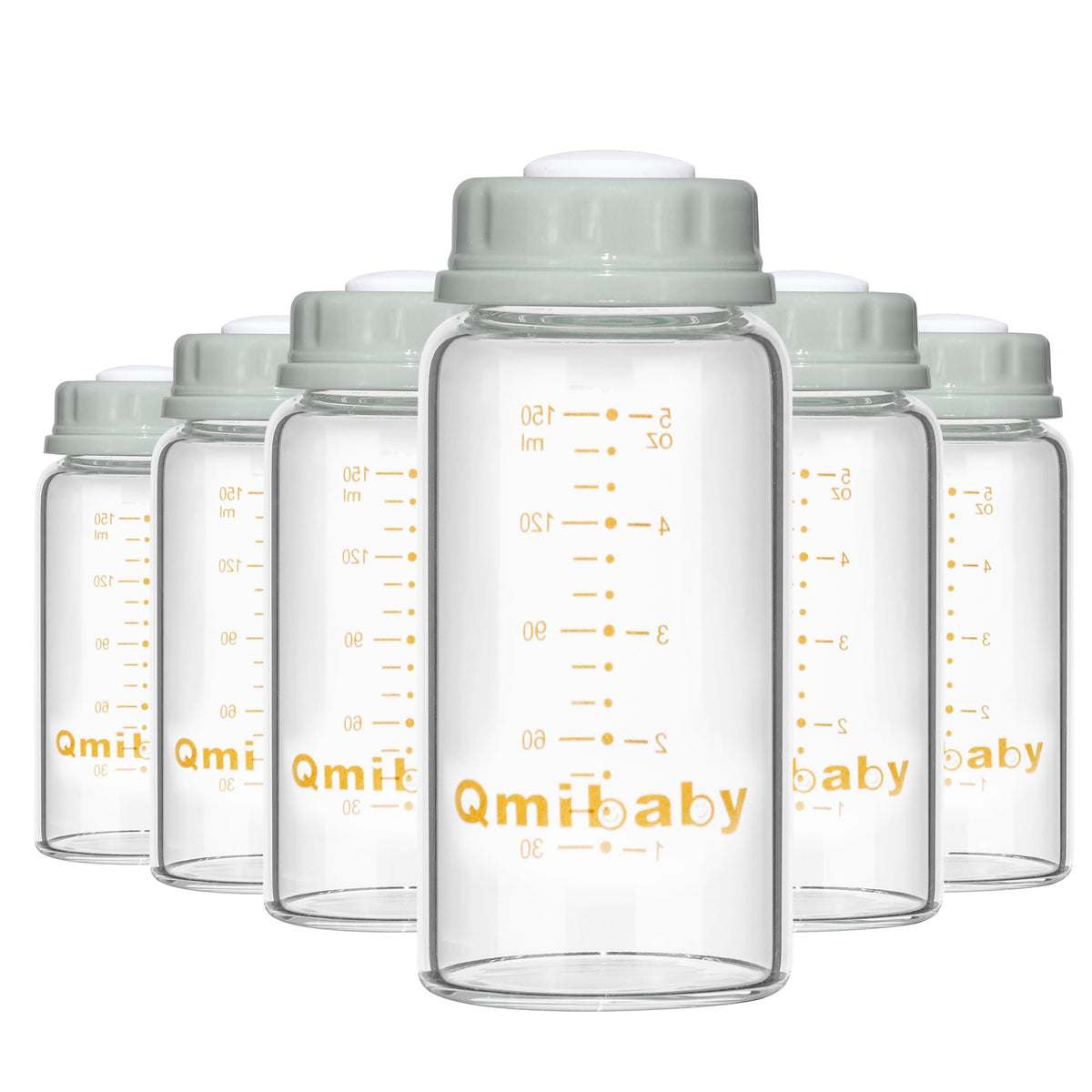Qmibaby Baby Bottles,Wide Neck BPA Free Breast Milk Container 8oz Screw Ring Sealing Disk Re-markable Sealing Disc Fits Breast Pumps & Nipples Fits Breast Pumps & Nipples(2 Gray Lids+2 Pink Lids)