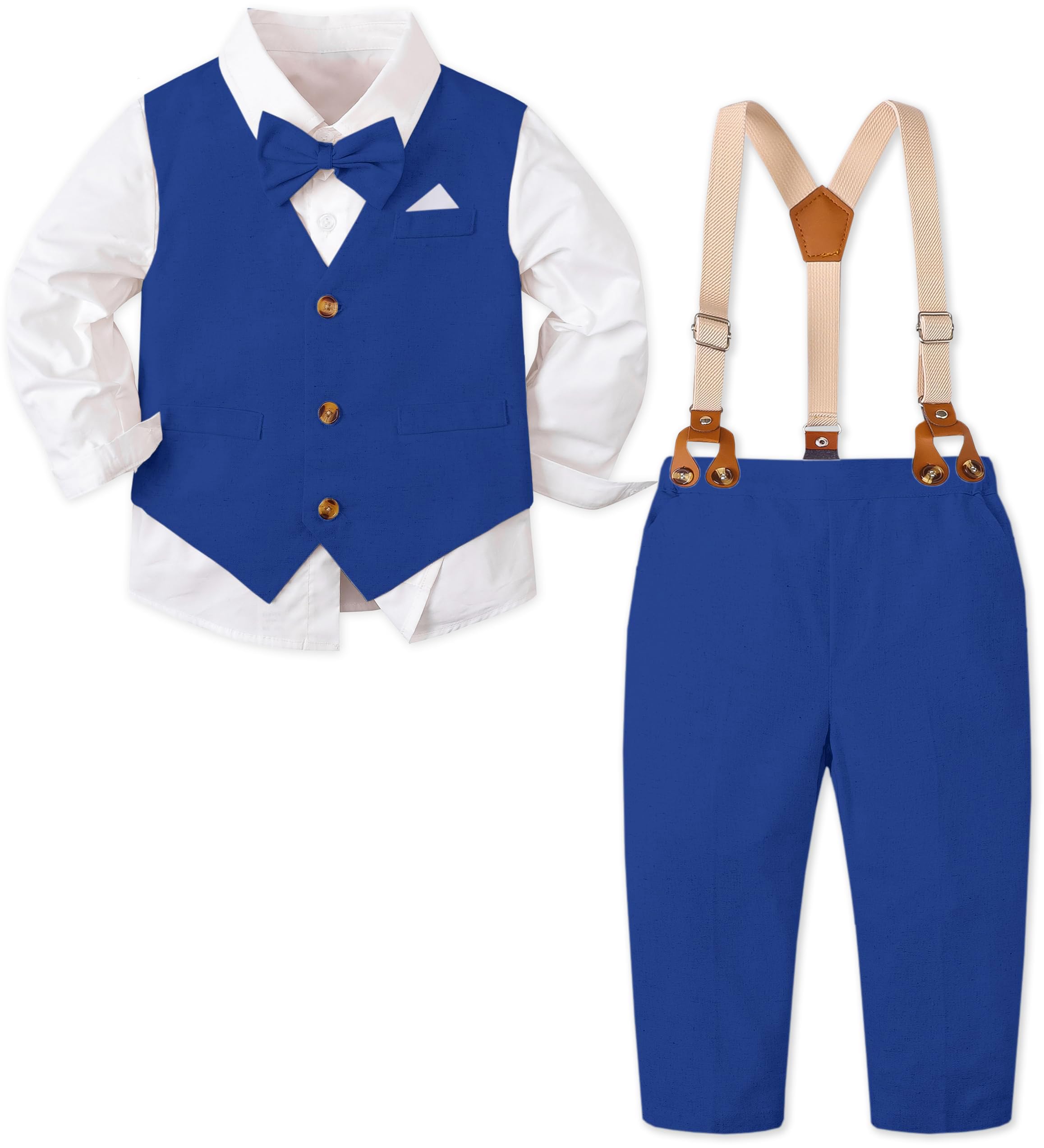 SANGTREE Boys Gentleman Wedding Outfits with Long Sleeve Floral Shirt, Bowtie, Boutonniere, Vest and Suspender Pants Sets, Linen Blue Sea, 9-12 Months = Tag 70
