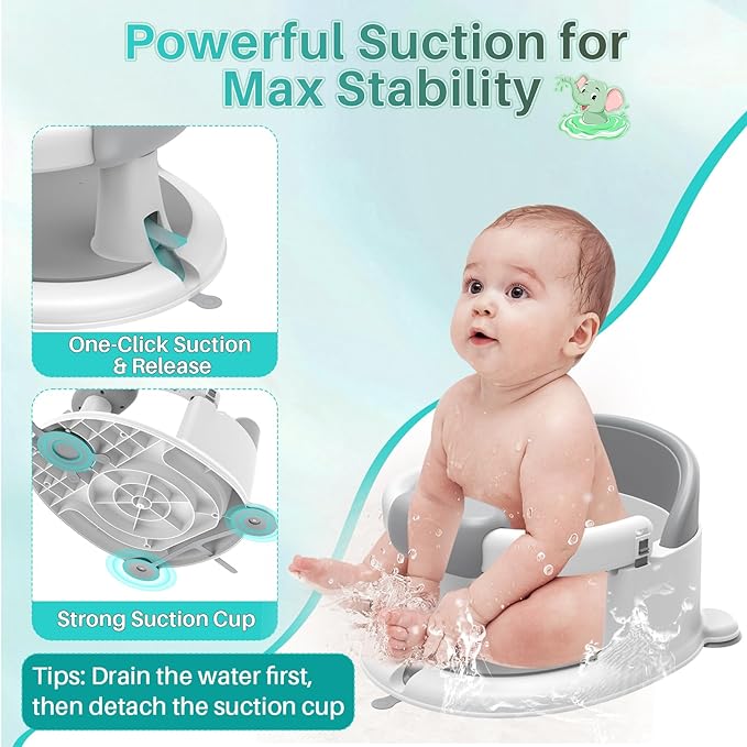 Inaya Baby Bath Seat for Babies 6 Months & Up, Non-Slip, Safe and Comfortable Bathub Chair for Sitting-Up, Ideal Open Design – Essential Bath Time Support (Grey)