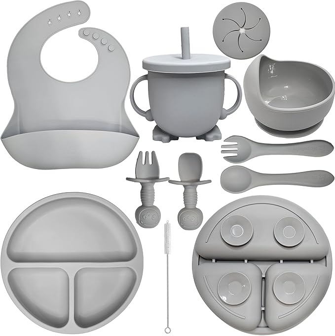 Baby Led Weaning Supplies | 10 Piece Silicone Feeding Set | Baby Toddler Bib Cup Divided Plate and Bowl Self Feeding Spoons Dish Set | Baby Utensils | Toddler Feeding Supplies (Cloud)