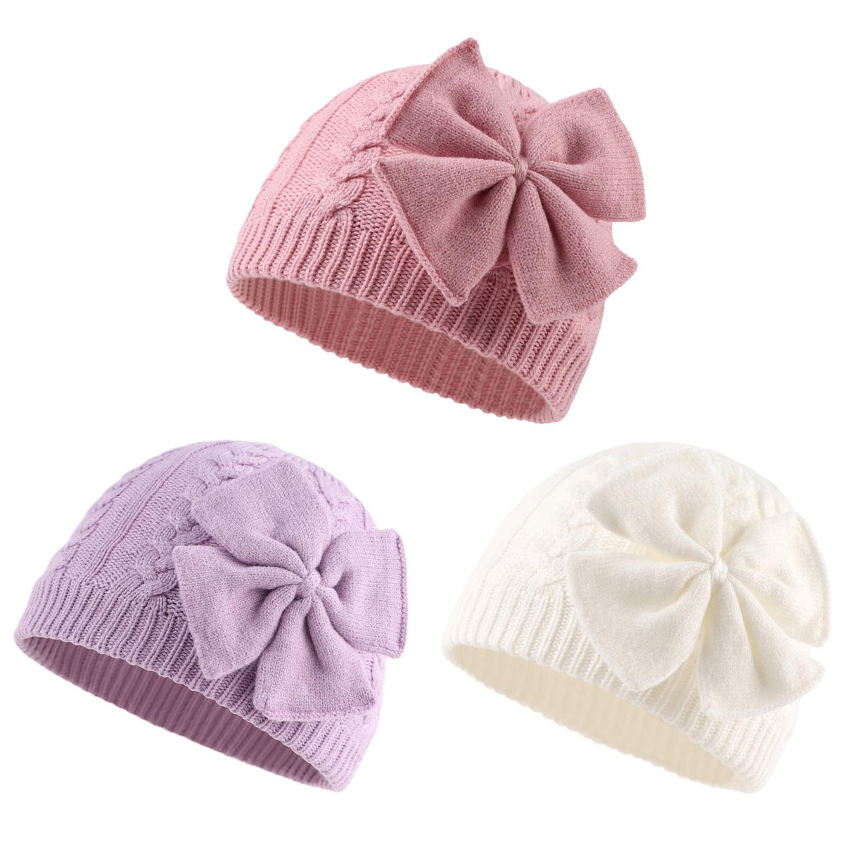 JANGANNSA Winter Warm Knitted Baby Hat for Girls Cotton Lined Infant Toddler Hat Autumn Cute Bow Classic Girls Beanie 0-6Y (Black+Gray+Caramel,S)