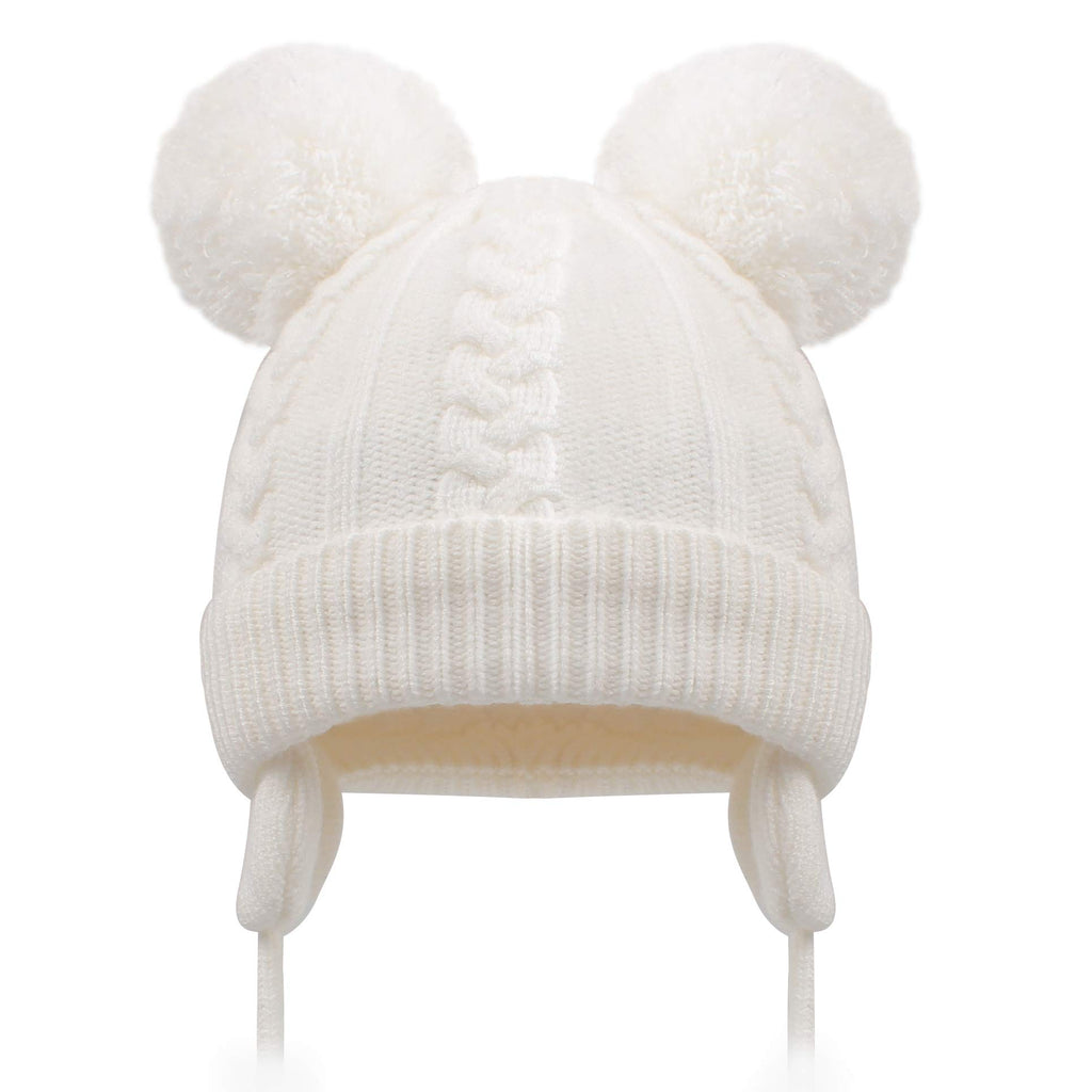 Duoyeree Toddler Winter Hat, Earflap Double Pom Pom Knit Beanie 0-36M