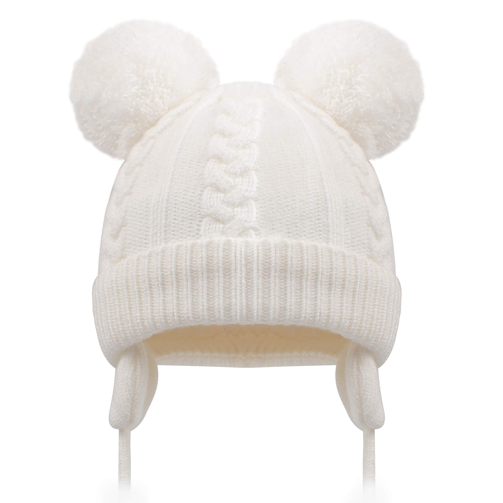Duoyeree Toddler Winter Hat, Earflap Double Pom Pom Knit Beanie 0-36M